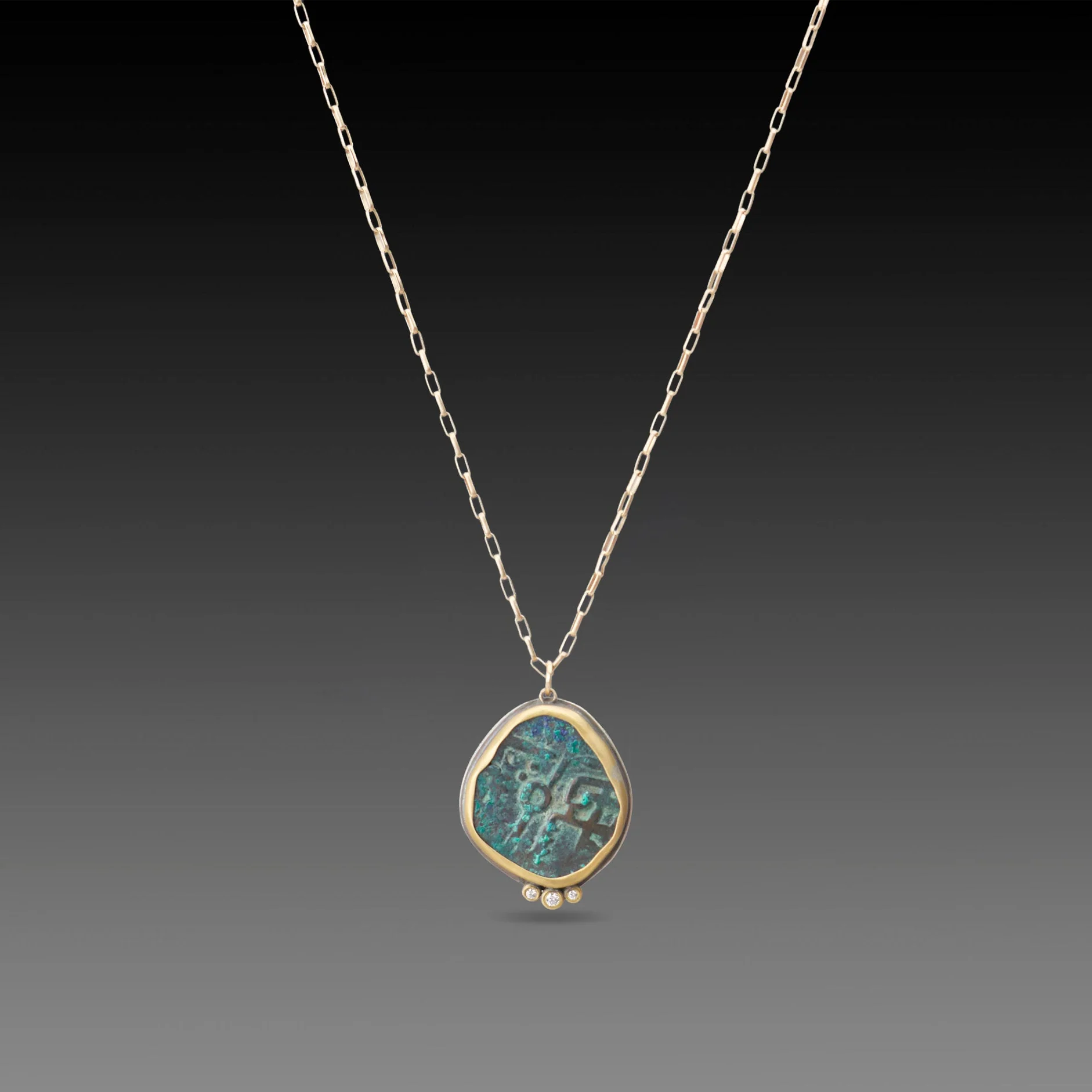 Ancient Indian Coin Necklace with Three Diamonds