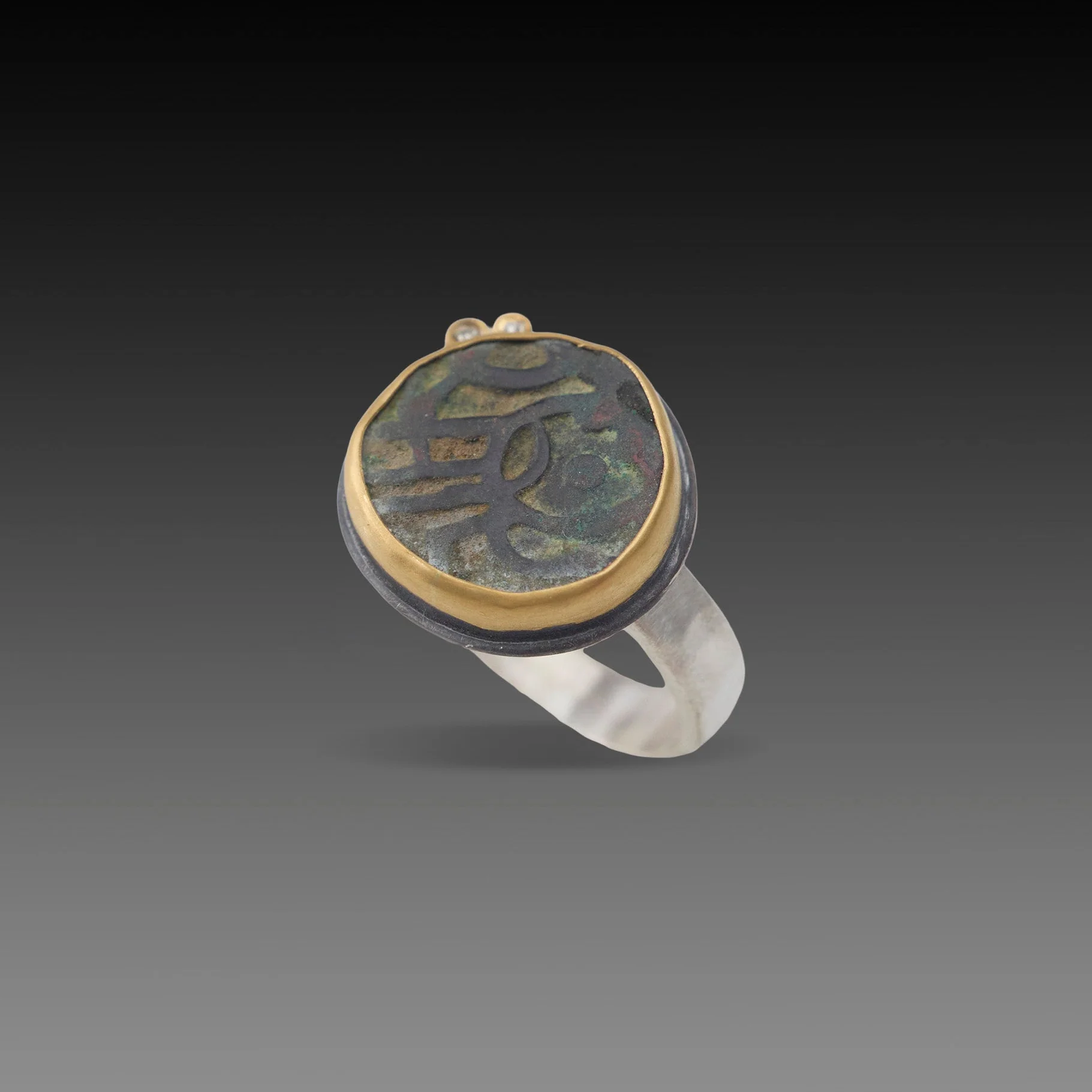 Ancient Indian Coin Ring with Two Diamonds - Image 3