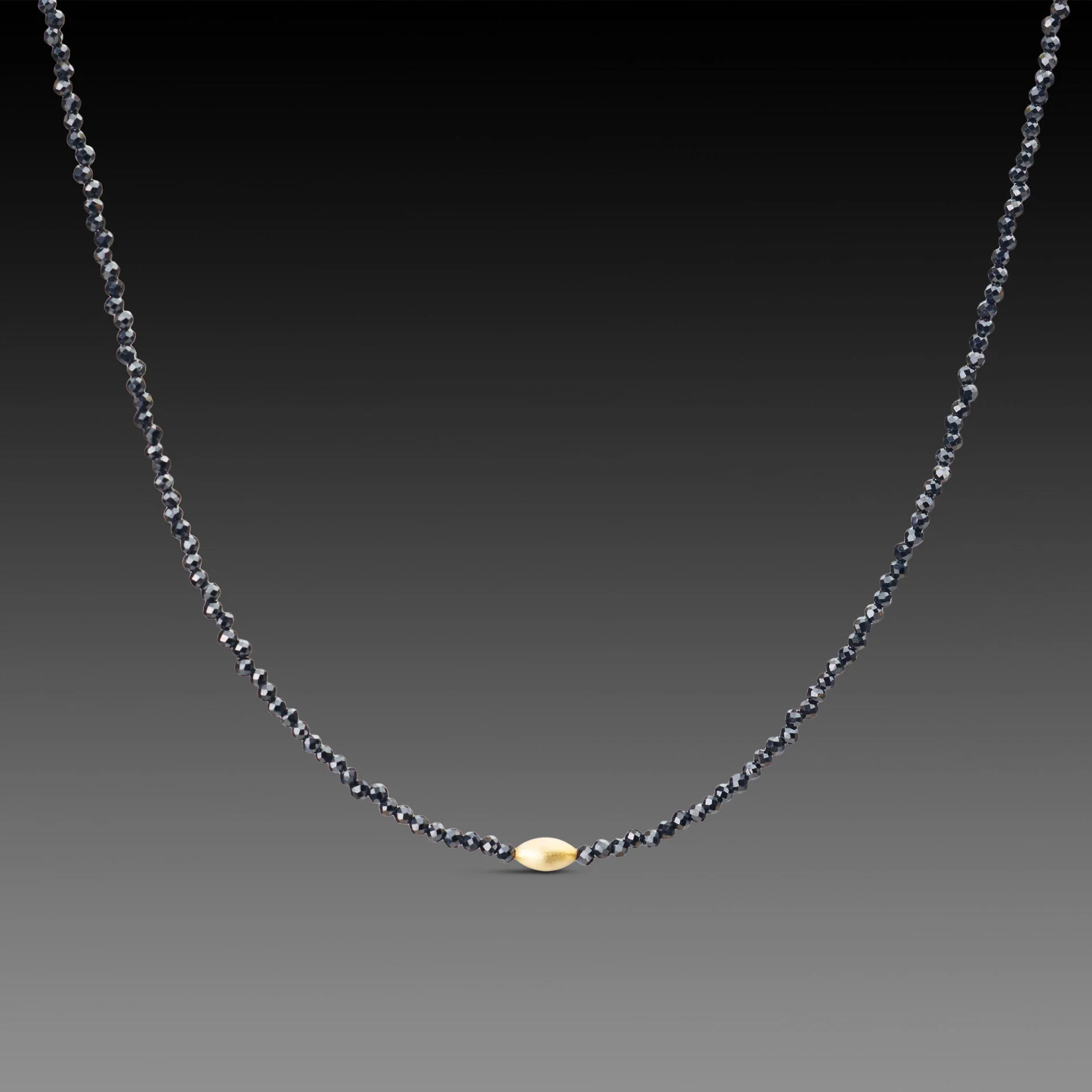 Black Spinel Necklace with Gold Rice Bead