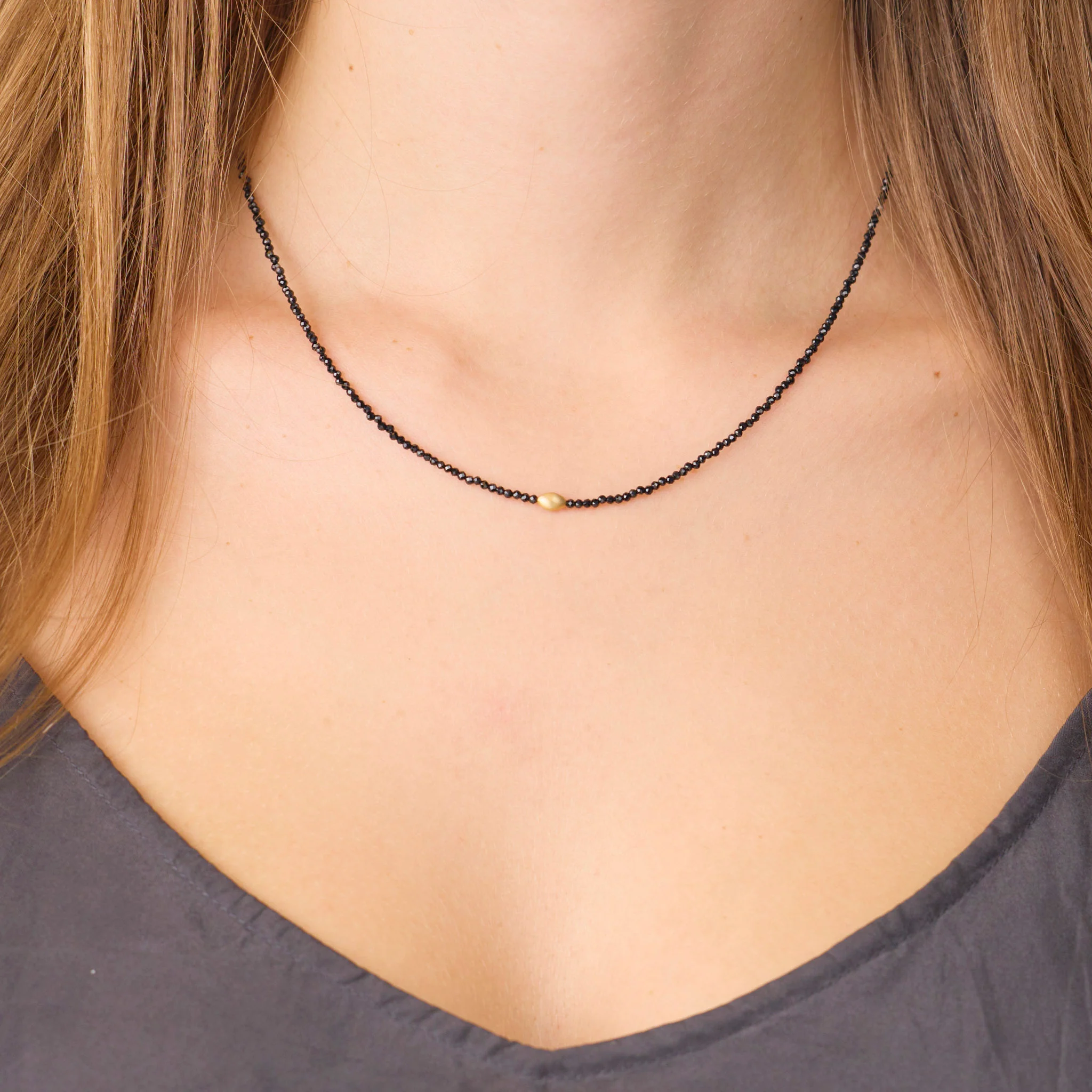 Black Spinel Necklace with Gold Rice Bead - Image 2