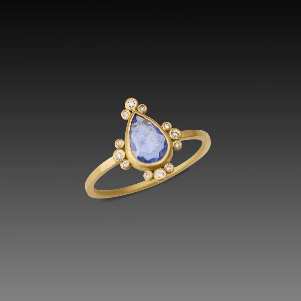 Blue Sapphire Teardrop Ring with Diamond Trios - Image 3