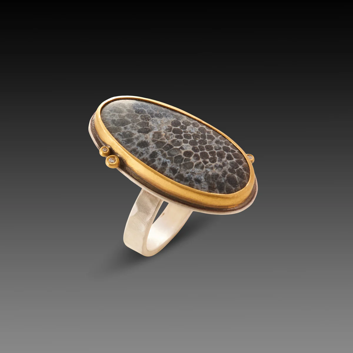 Bryozoan Fossil Ring with Three Diamonds - Image 2