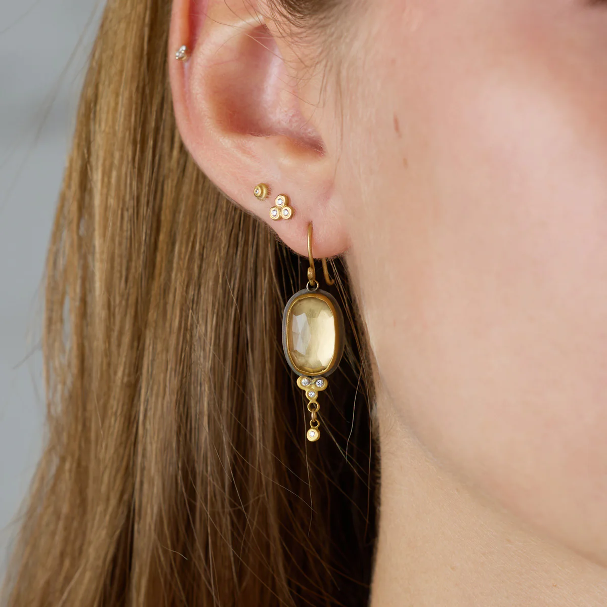 Champagne Quartz Earrings with Diamond Trios - Image 2