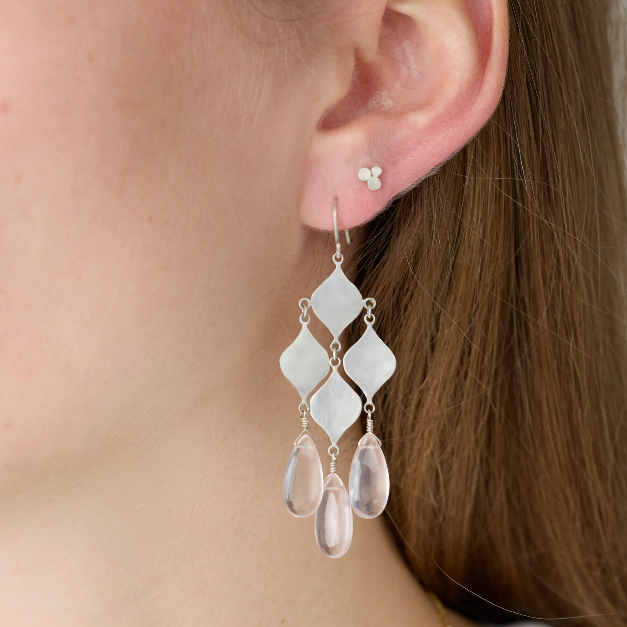 Silver Chandelier Earrings with Rose Quartz - Image 2