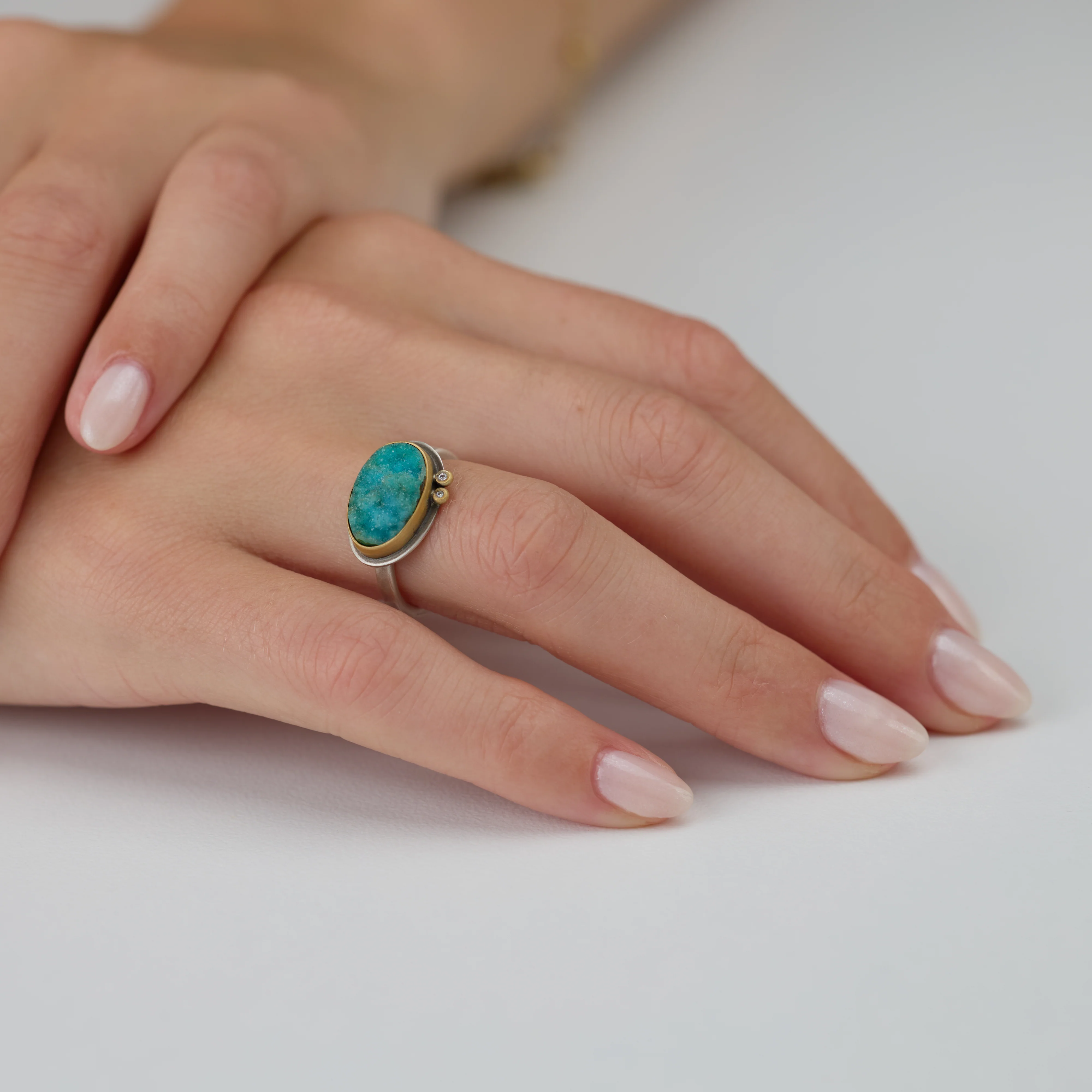 Chrysocolla Druzy Ring with Two Diamonds - Image 2