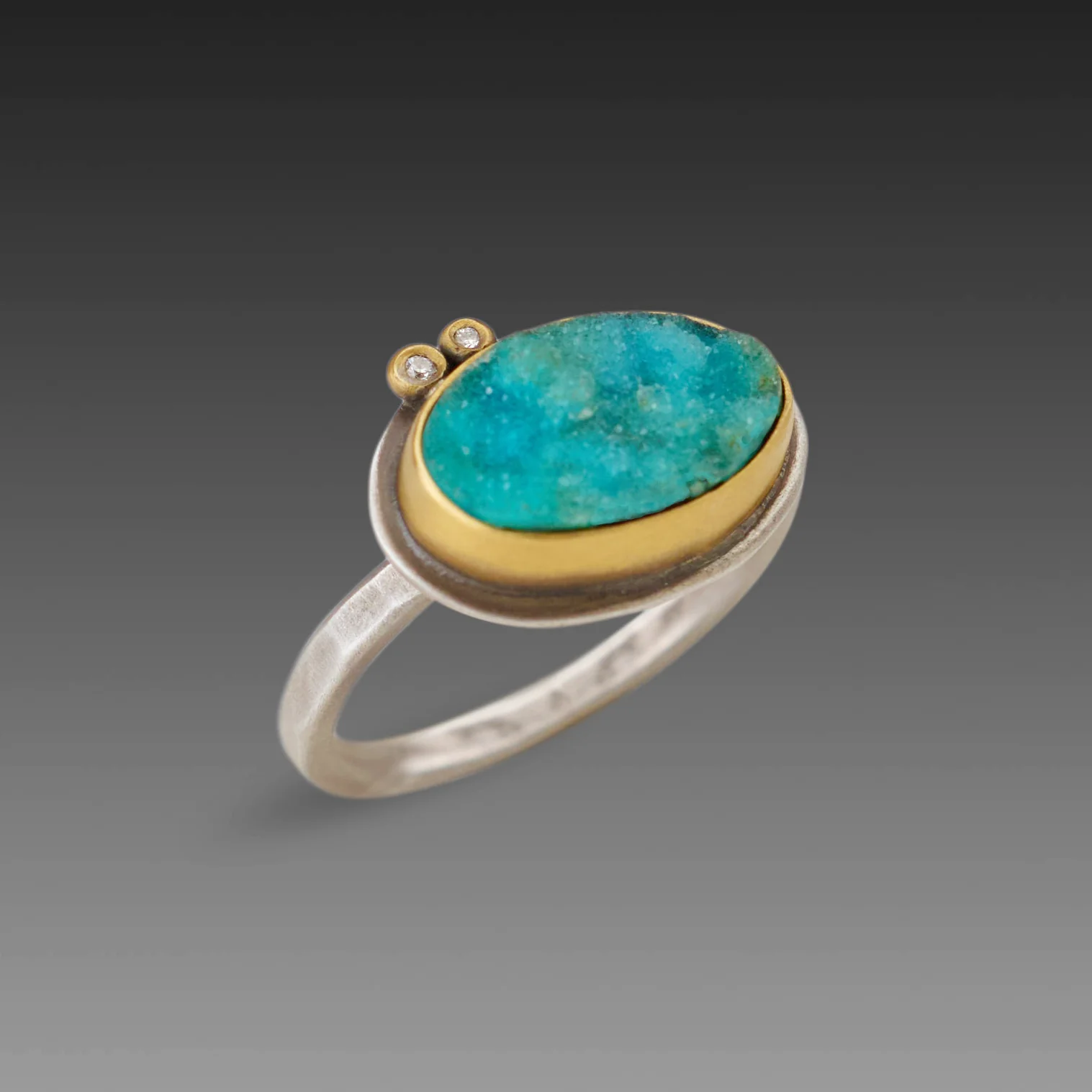 Chrysocolla Druzy Ring with Two Diamonds - Image 3