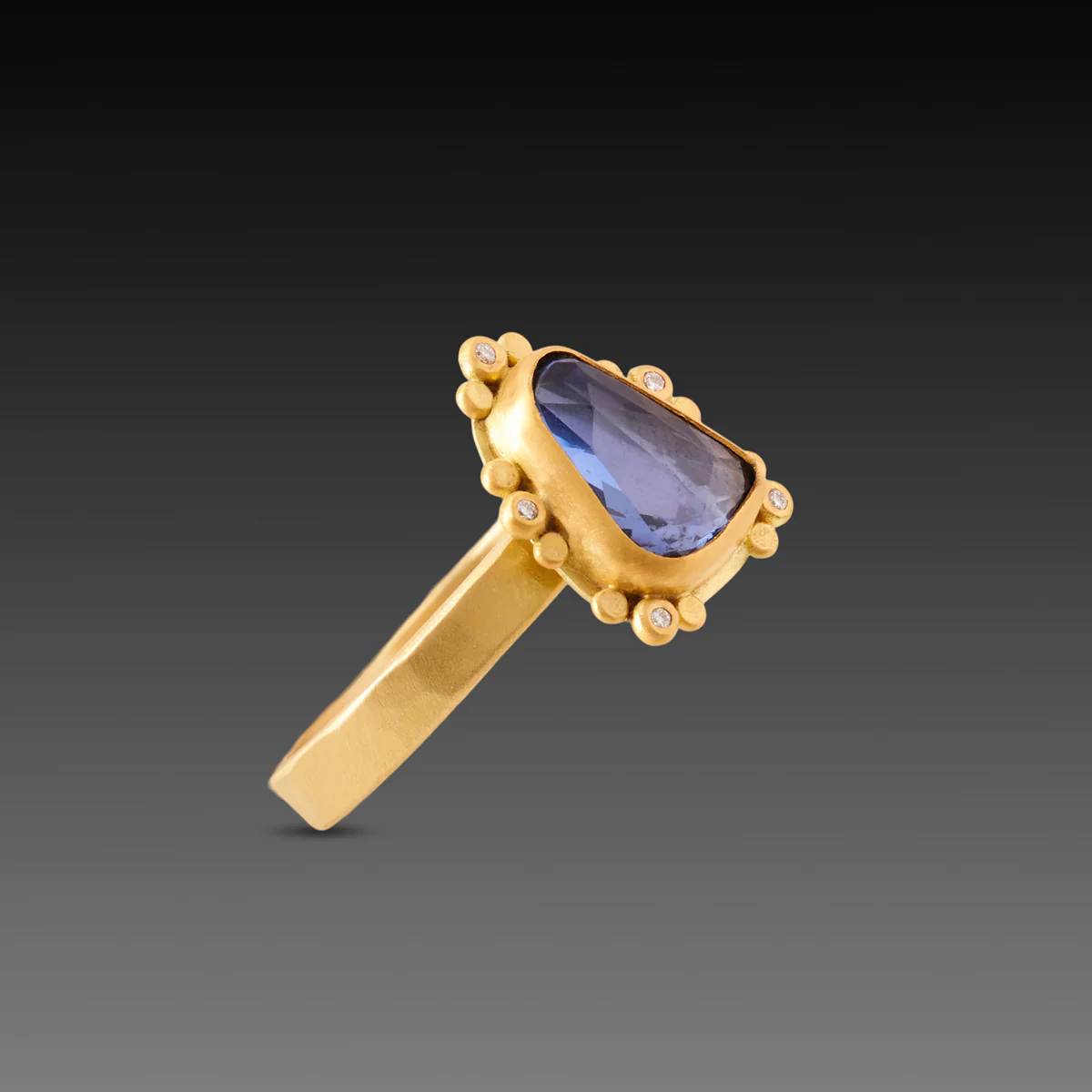 Deep Blue Sapphire Ring with Diamond Trios - Image 2