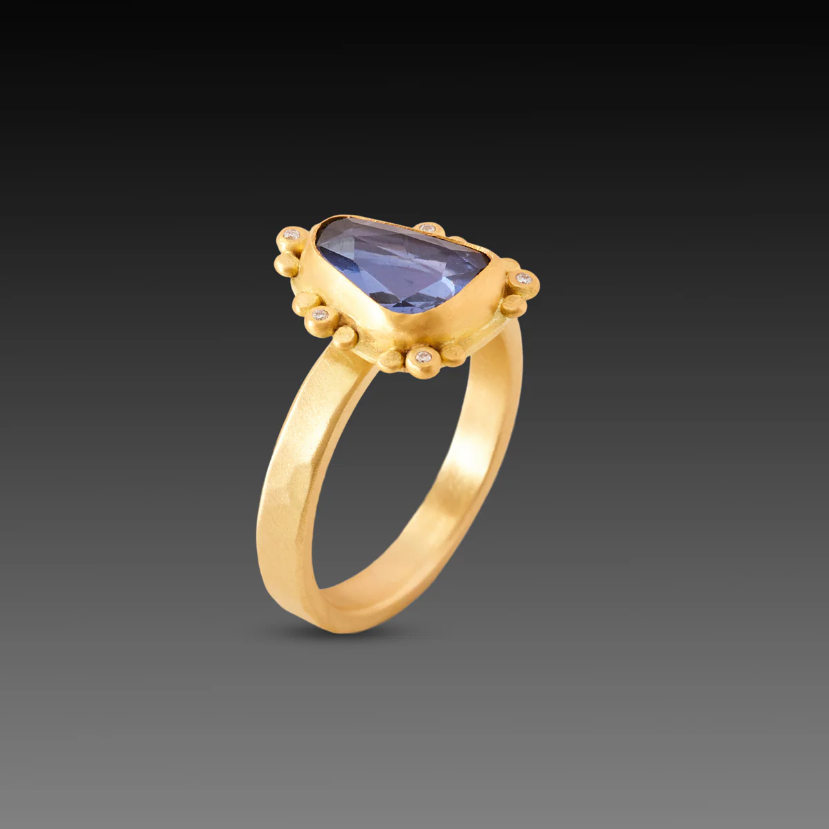Deep Blue Sapphire Ring with Diamond Trios - Image 3