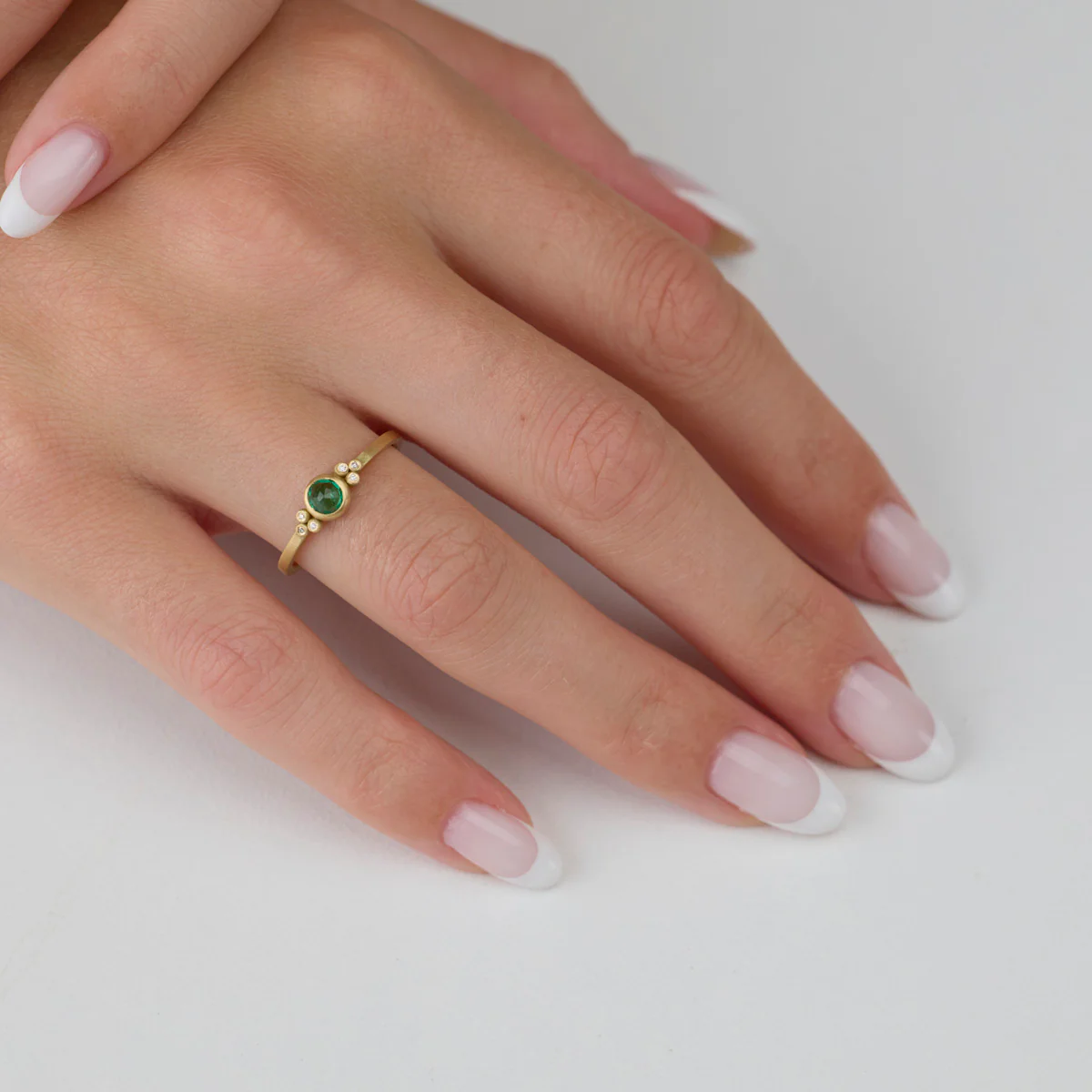 Delicate Emerald Ring with Diamond Trios - Image 2