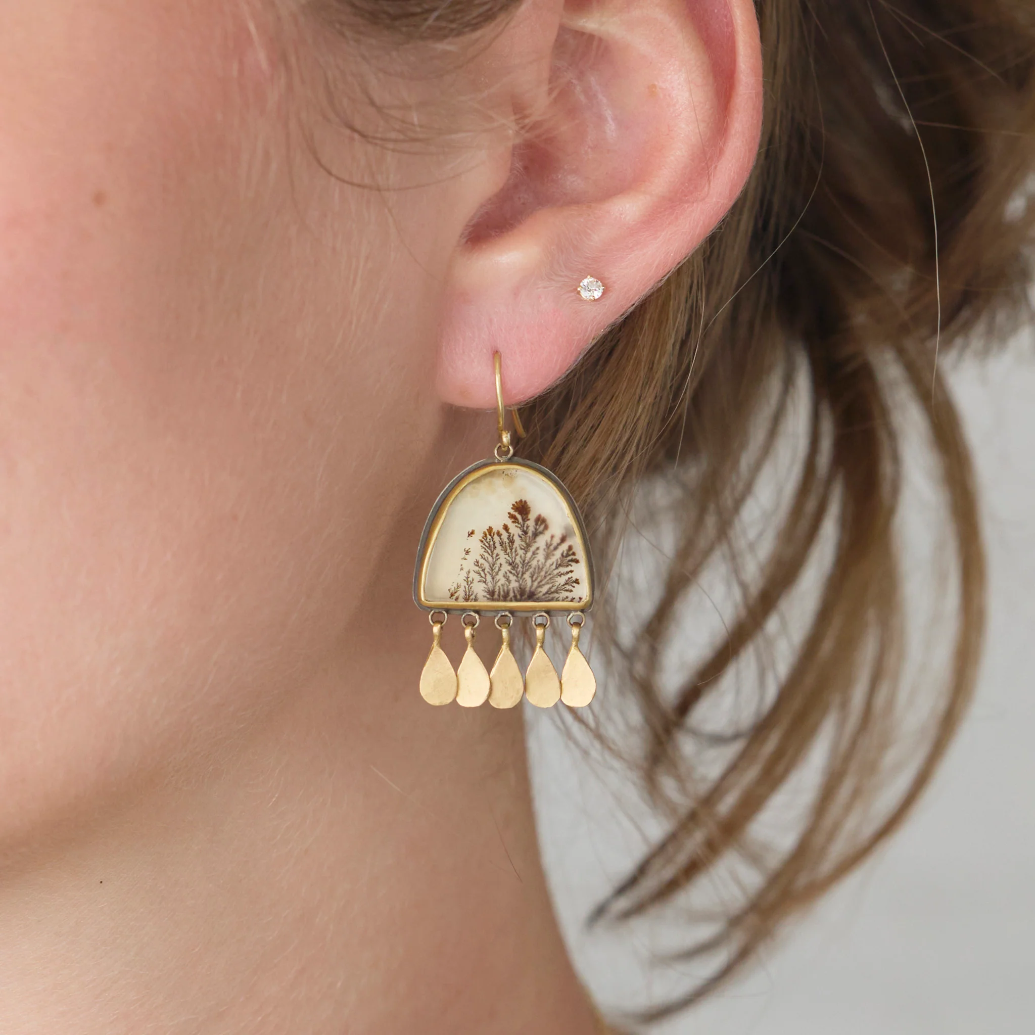 Dendritic Agate Arch Earrings with Gold Fringe - Image 2