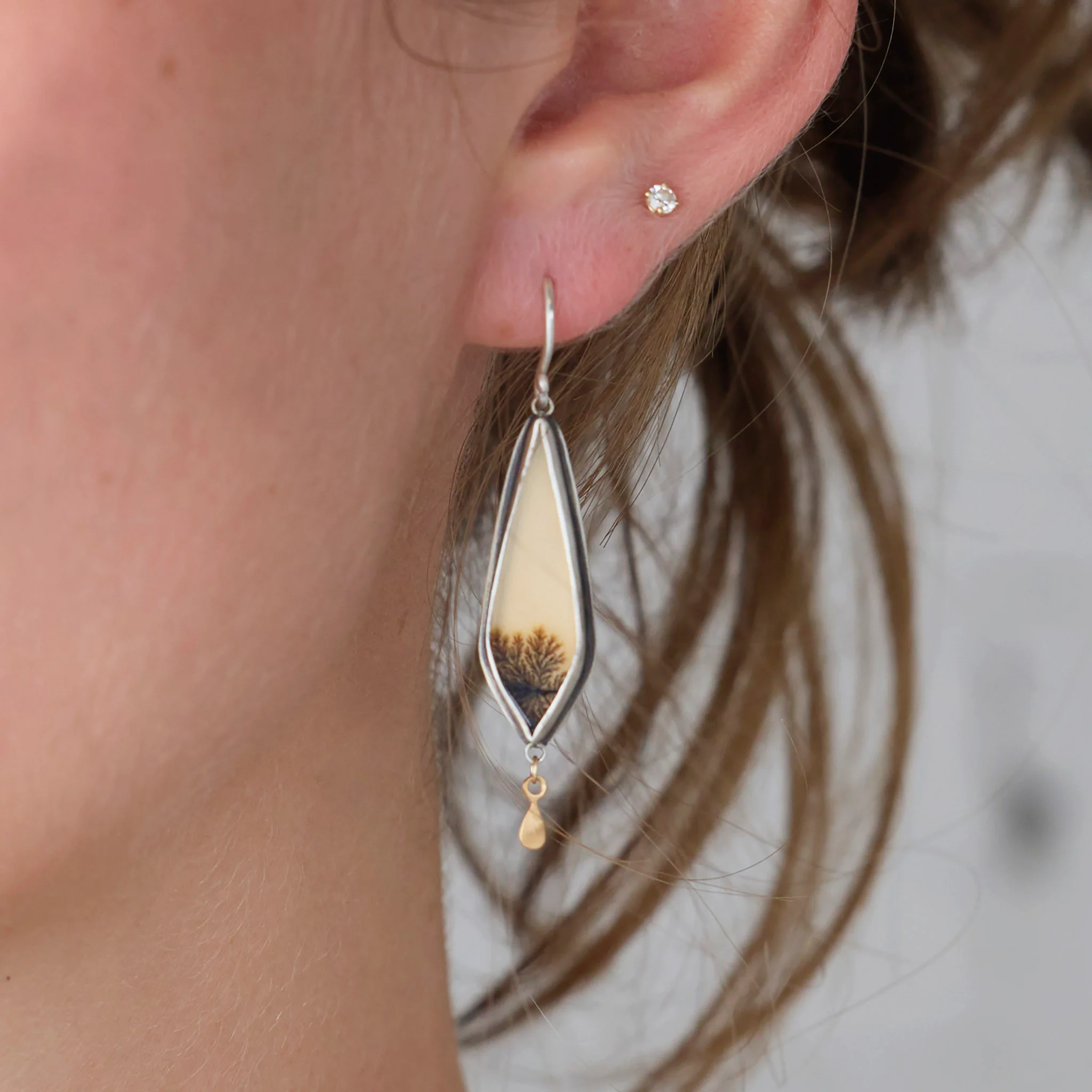 Dendritic Agate Earrings with Gold Drops - Image 2