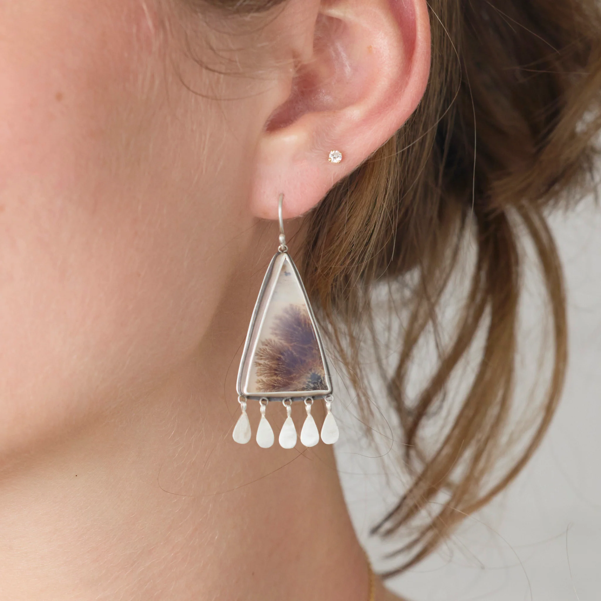 Dendritic Agate Earrings with Sterling Fringe - Image 2