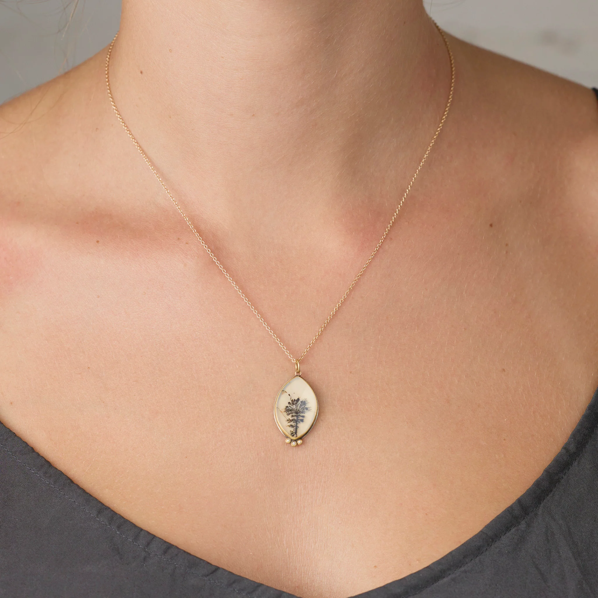 Dendritic Agate Necklace with Diamond Trio - Image 2