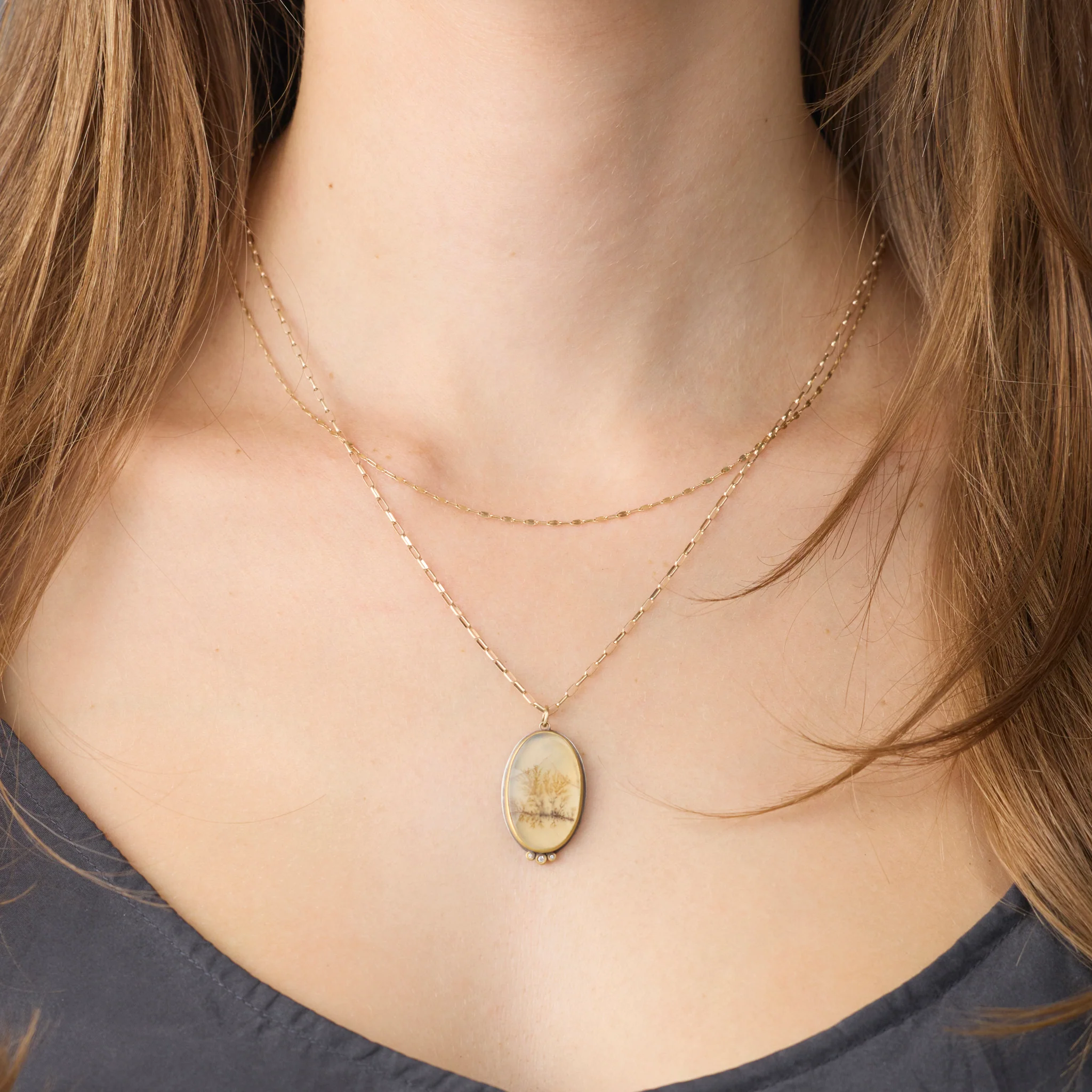 Dendritic Agate Necklace with Diamonds - Image 2