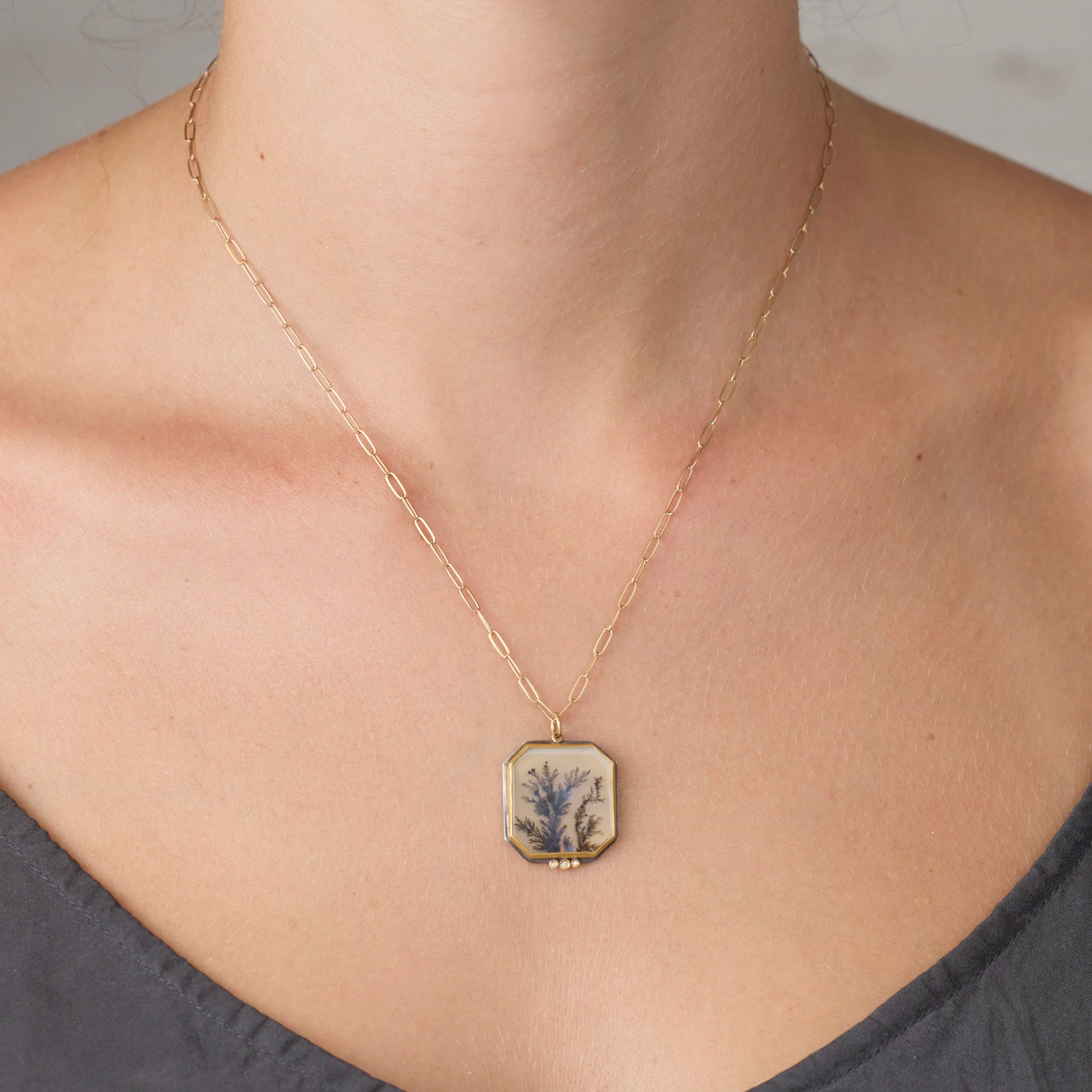 Dendritic Agate Necklace with Diamonds - Image 2