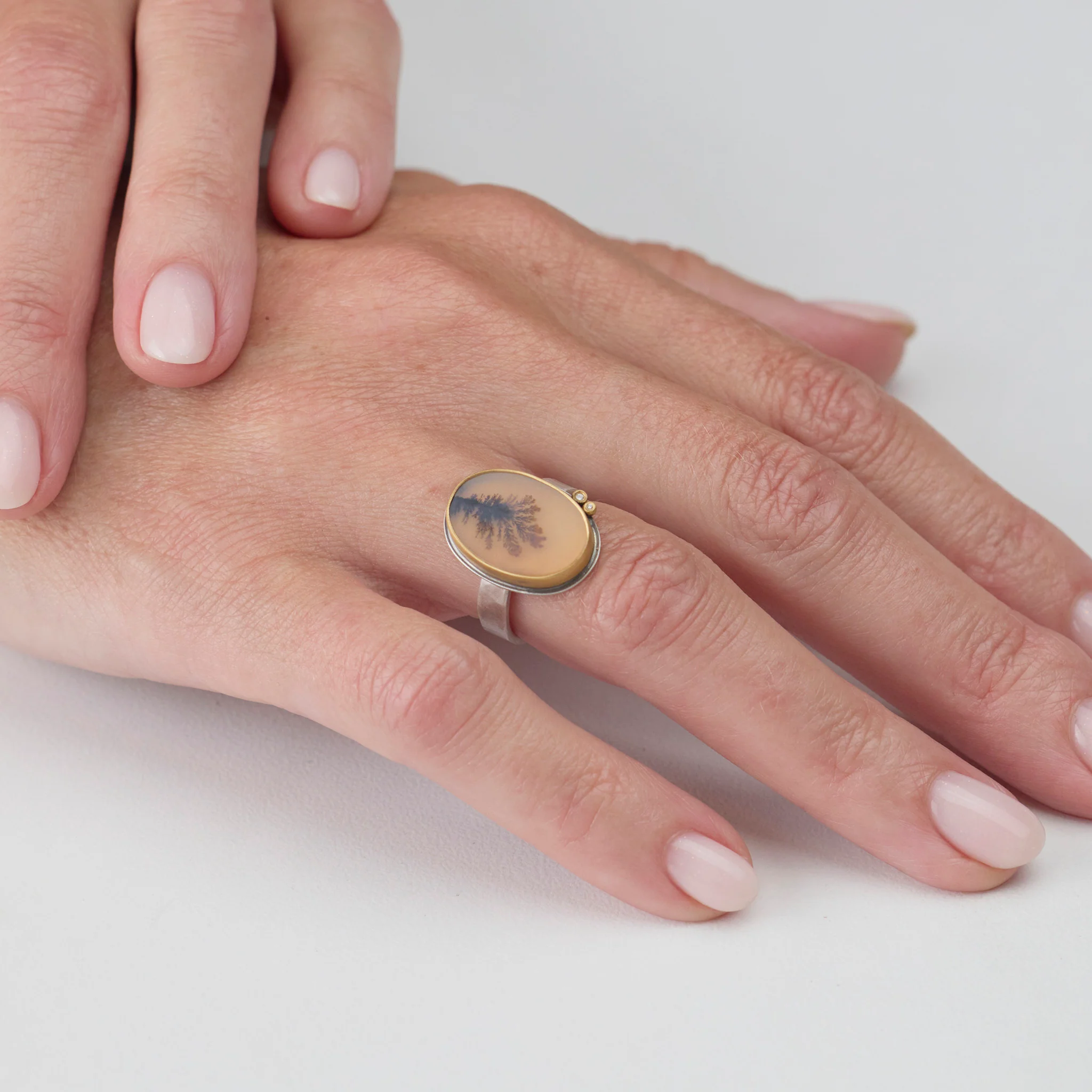 Dendritic Agate Ring with Diamond Duo - Image 2