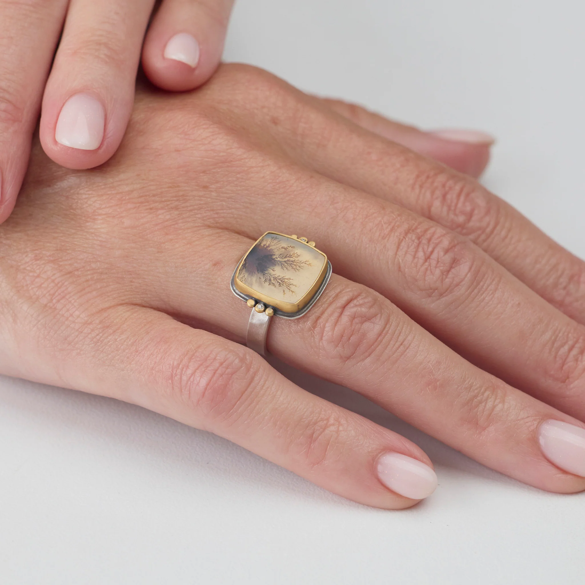 Dendritic Agate Ring with Gold Trios - Image 2
