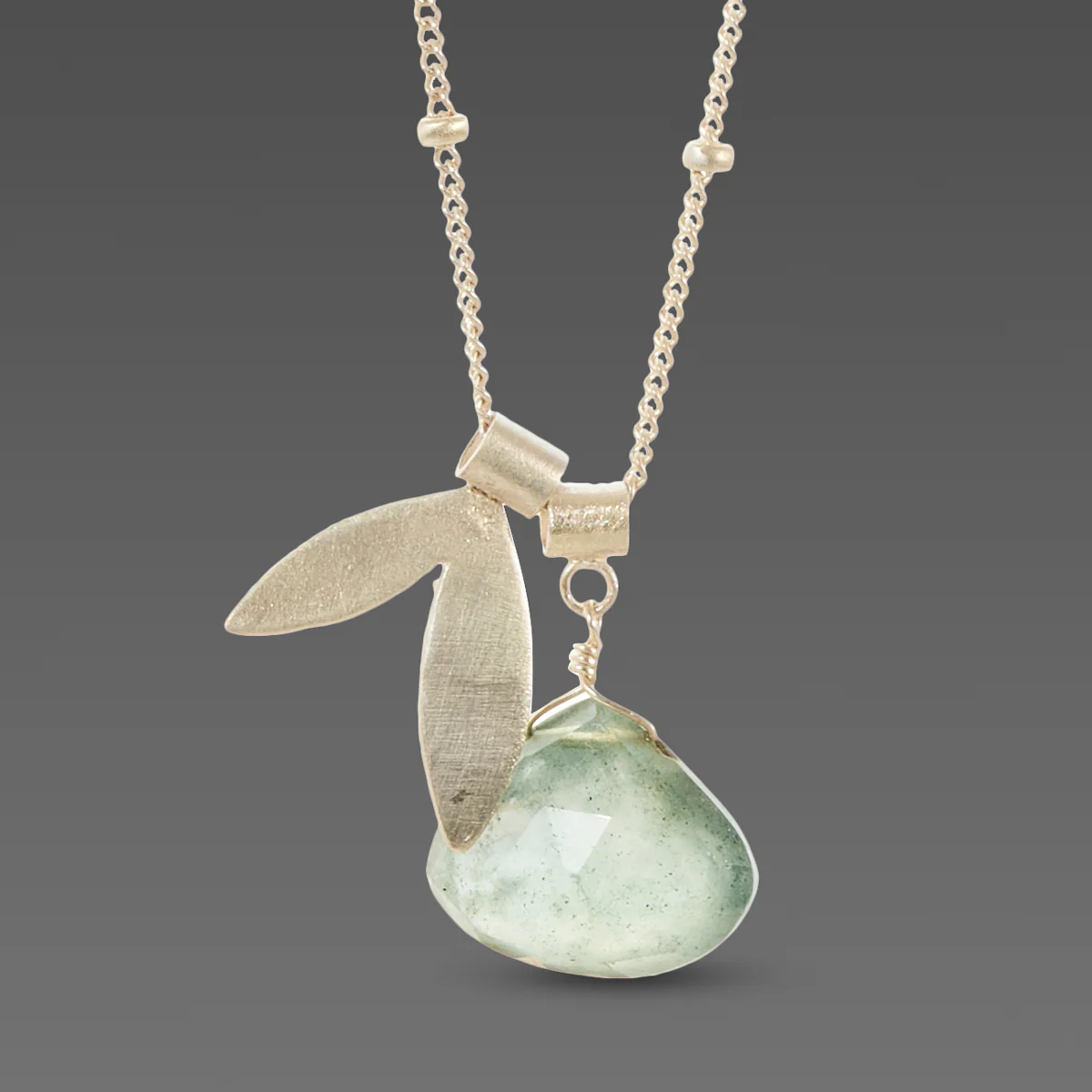 Double Leaf Charm Necklace with Moss Aquamarine - Image 3