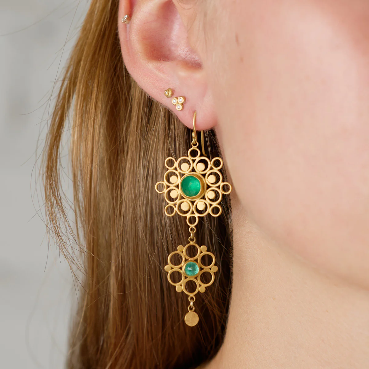 Double Mandala Earrings with Emeralds - Image 2