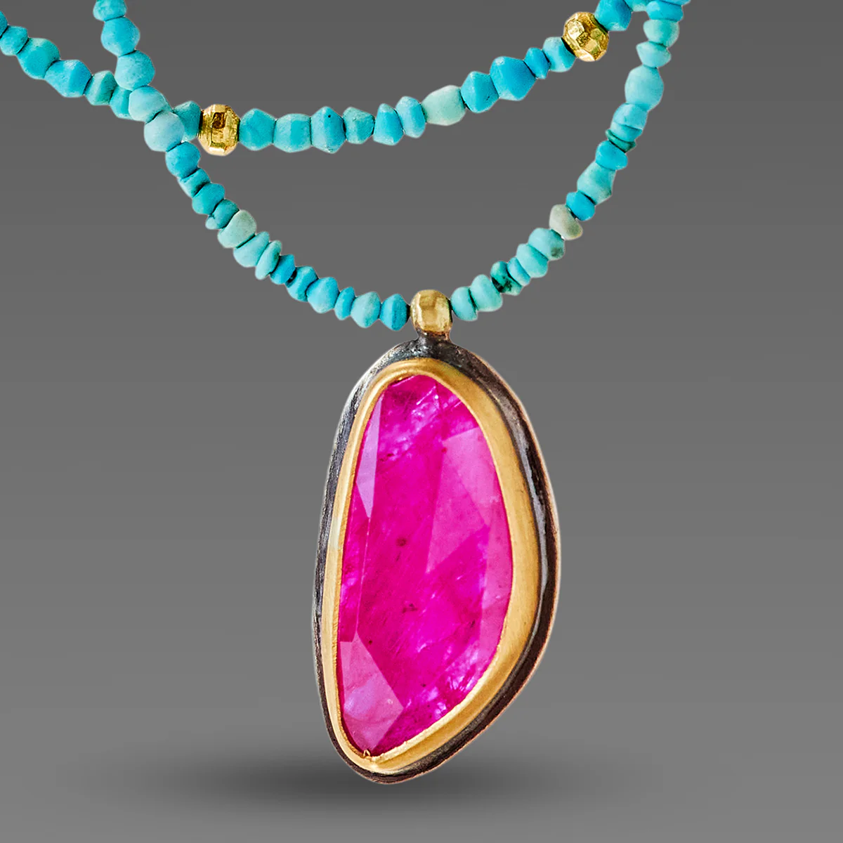 Double Strand Turquoise Necklace with Ruby - Image 2