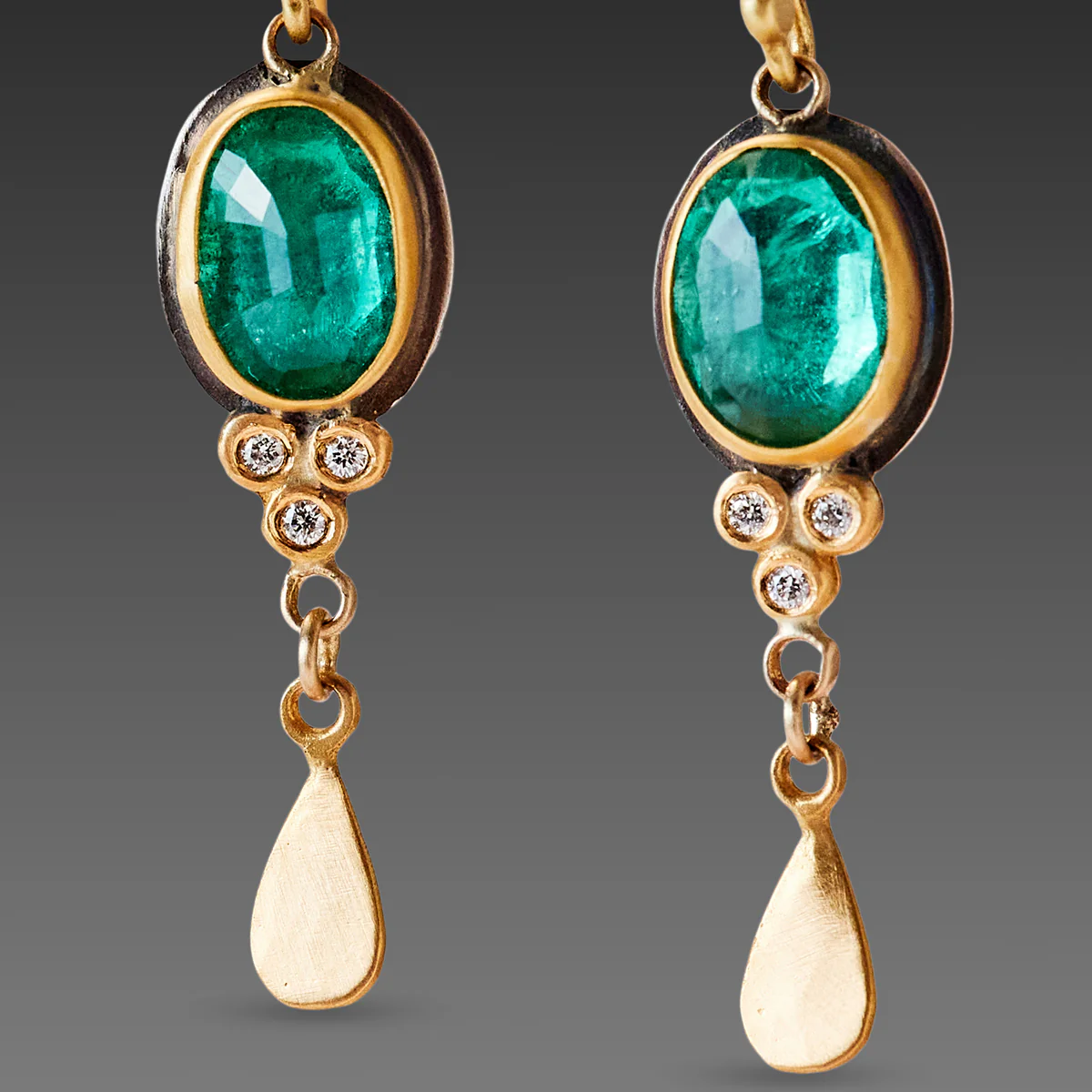 Emerald Earrings with Diamond Trios - Image 2