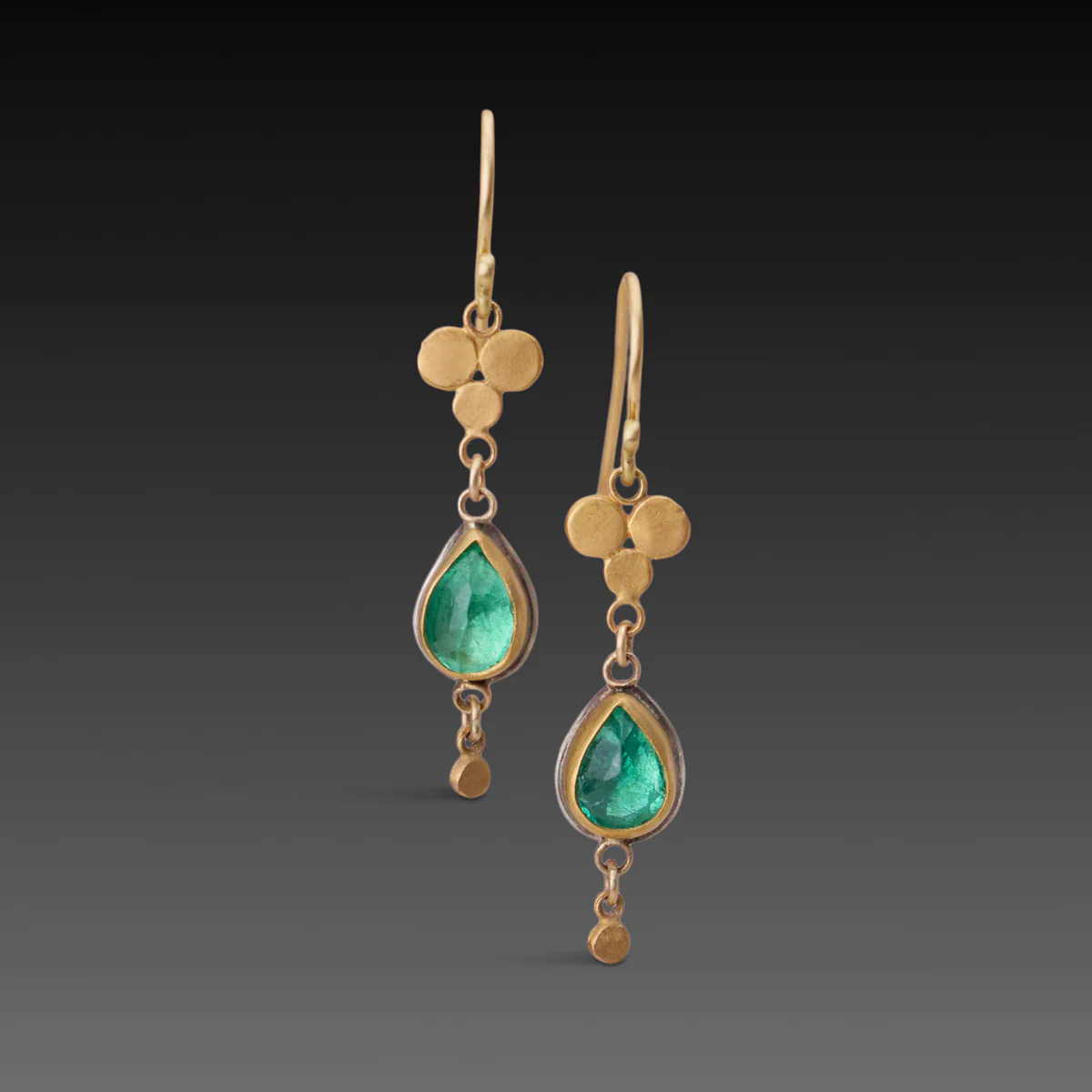 Emerald Teardrop Earrings with Gold Trios