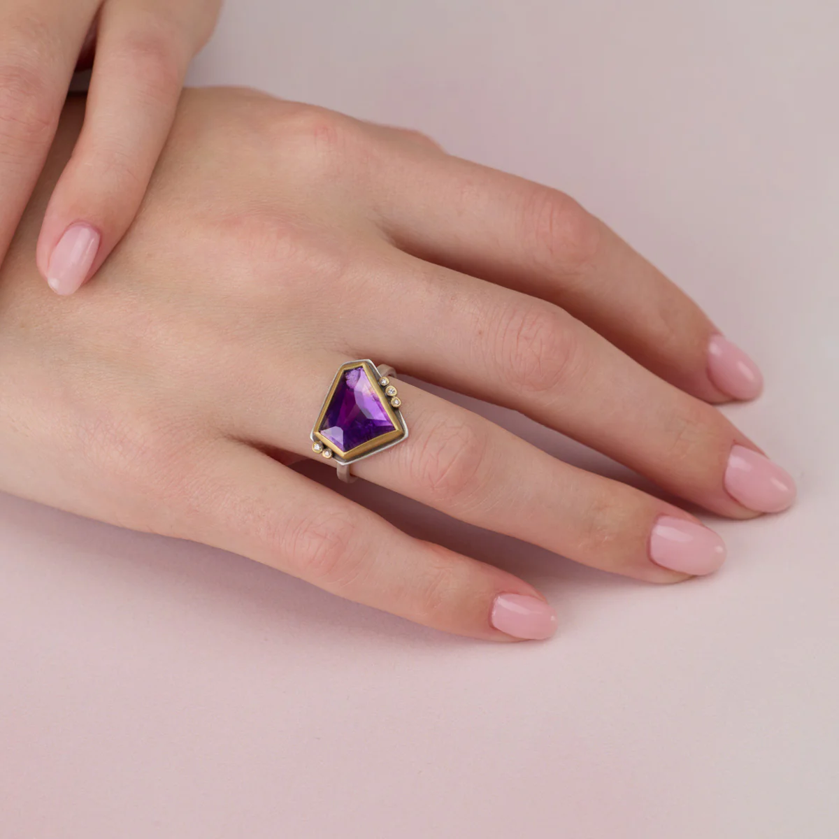 Geometric Amethyst Ring with Five Diamonds - Image 2