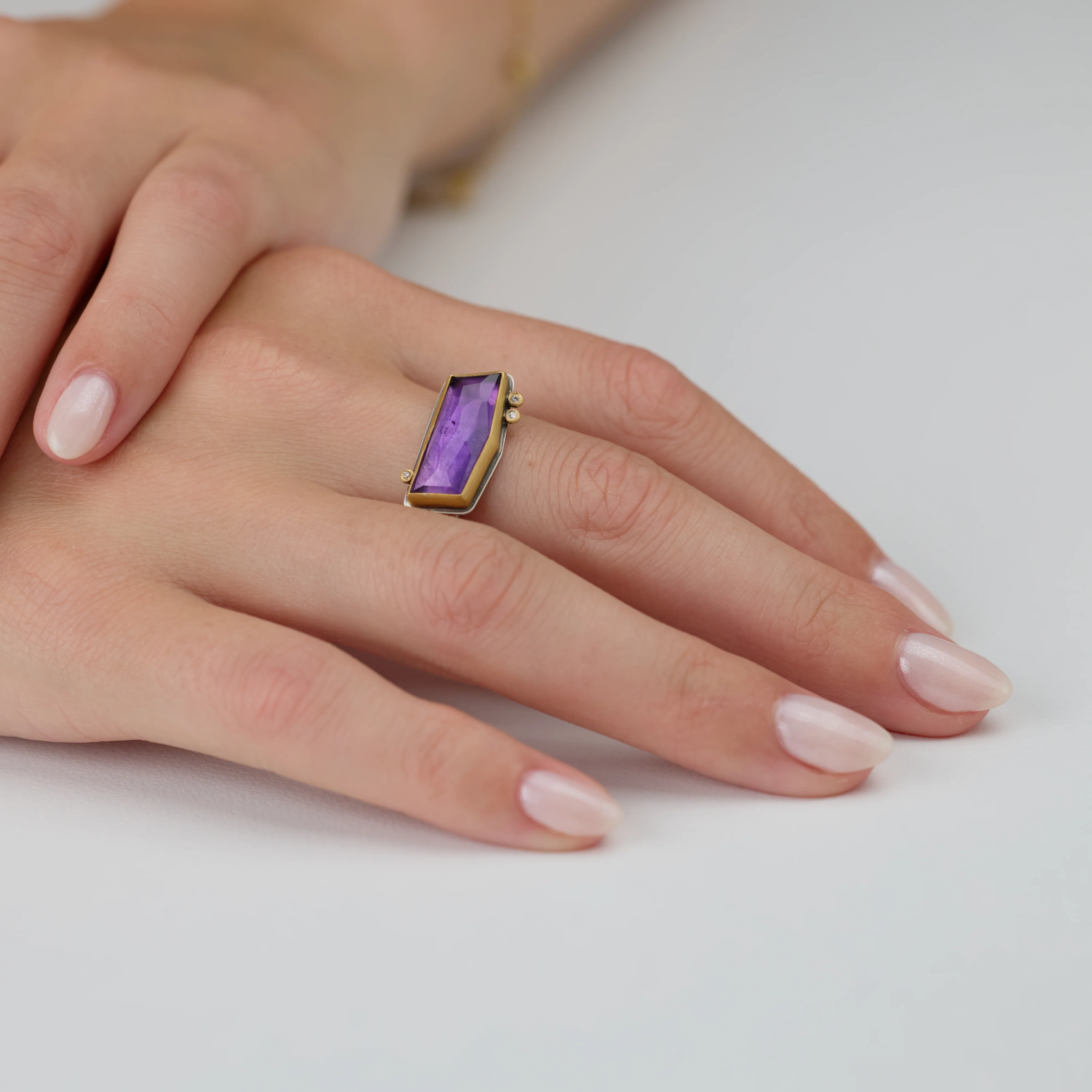 Geometric Amethyst Ring with Three Diamonds - Image 2