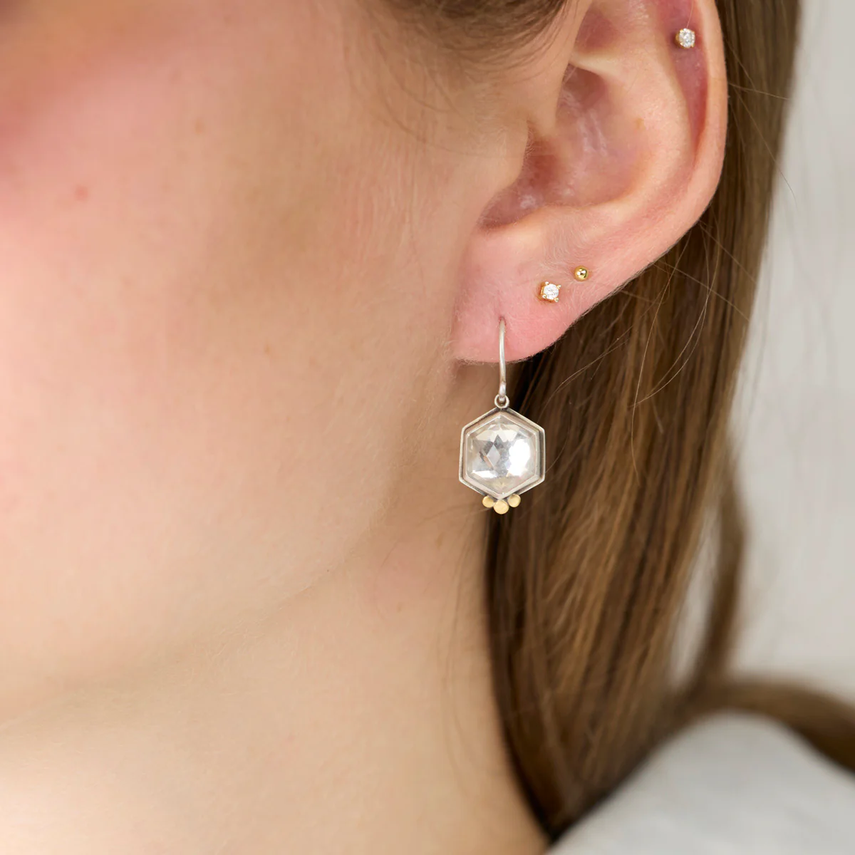 Geometric Clear Topaz Earrings with Gold Dots - Image 2