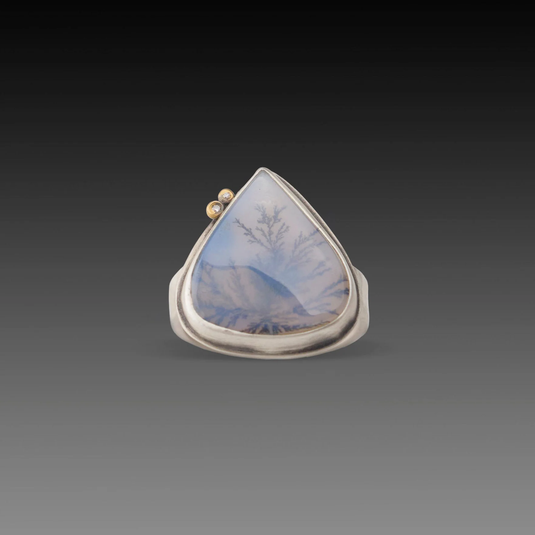 Glossy Dendritic Agate Ring with Diamonds