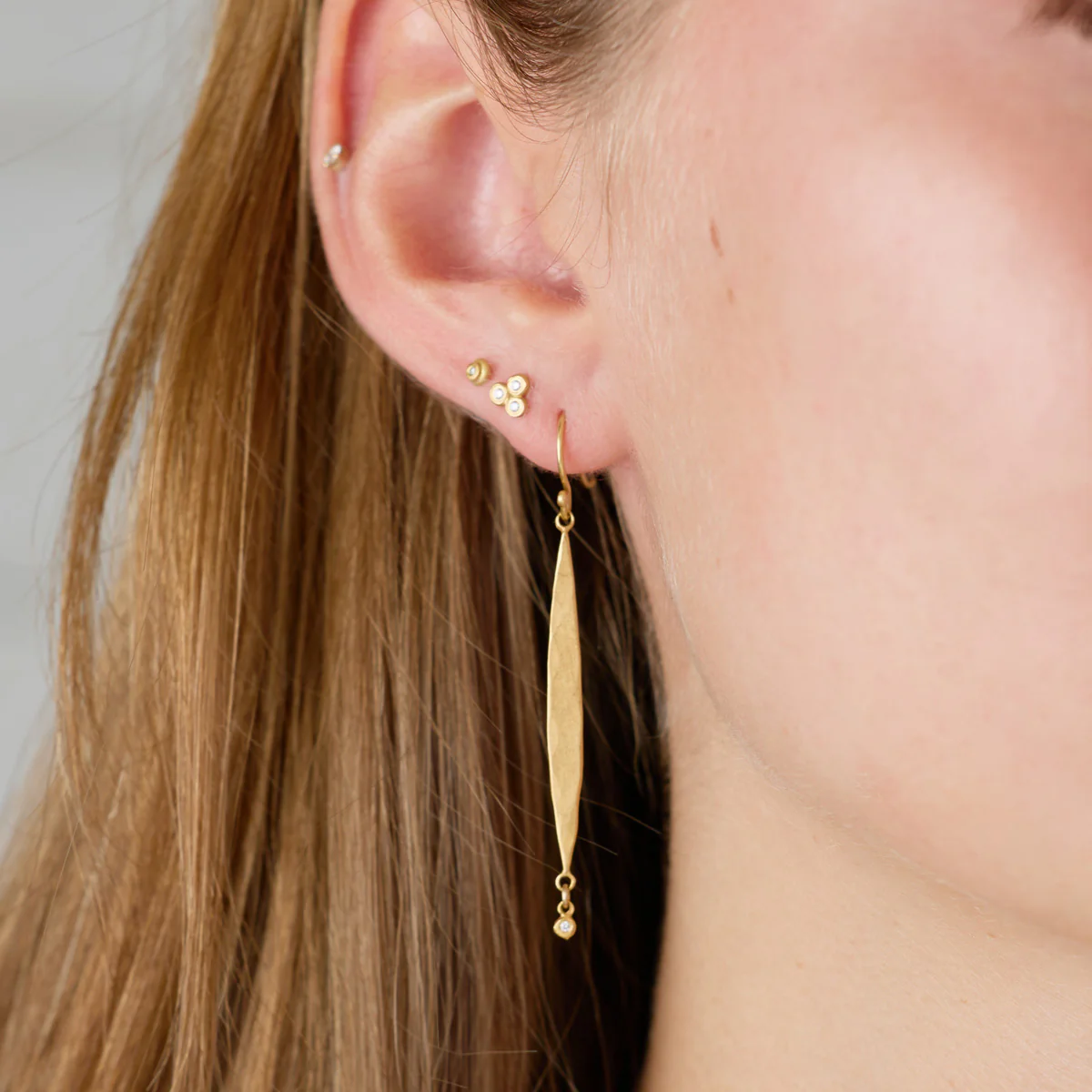 Gold & Diamond Long Leaf Earrings - Image 2