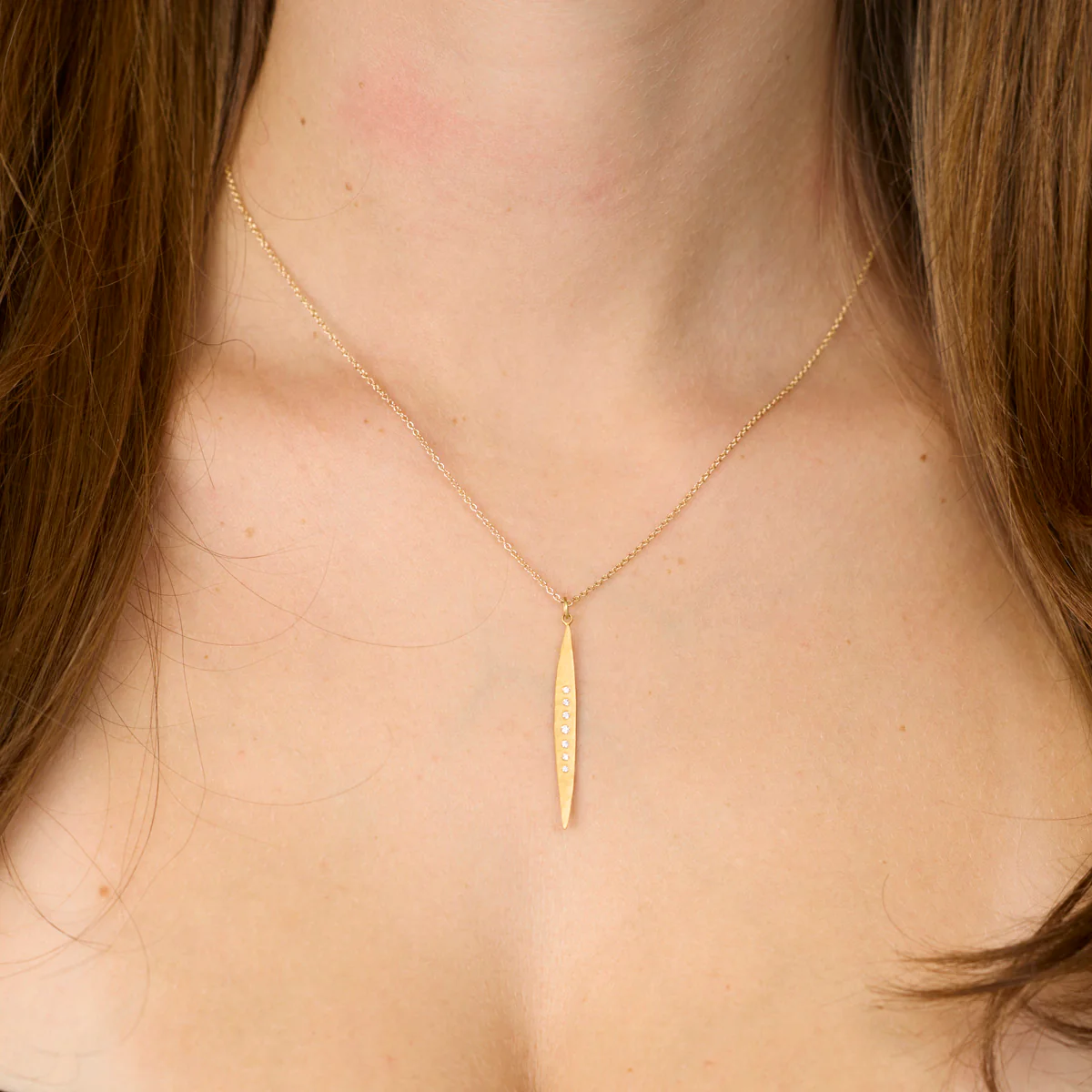 Gold Long Leaf Necklace with Diamonds - Image 2