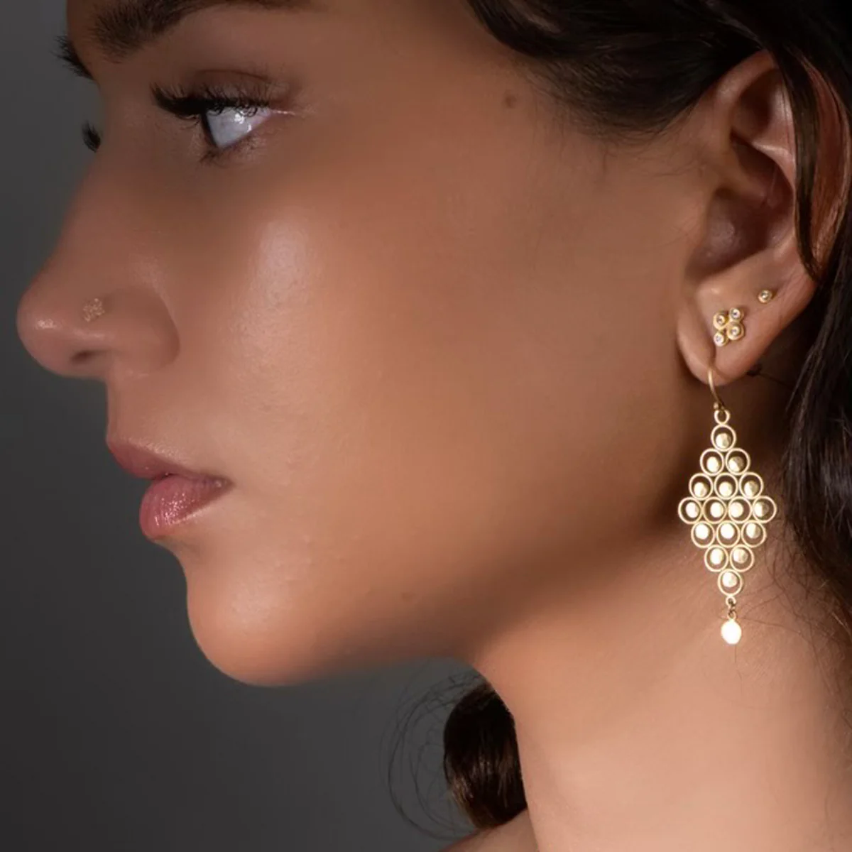Gold Dot Stud Earrings with Diamonds - Image 2