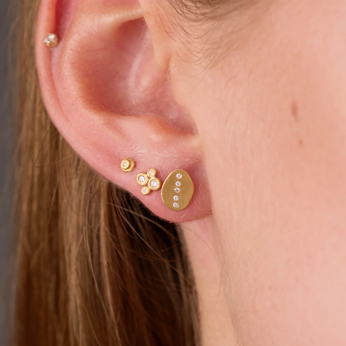 Gold Dot Stud Earrings with Diamonds - Image 3