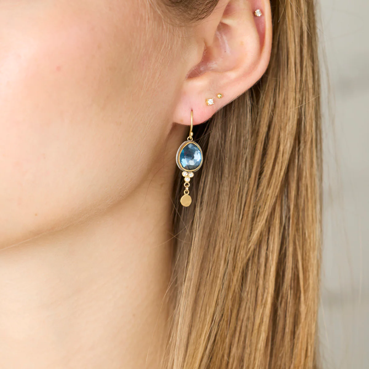London Blue Topaz Earrings with Diamond Trios - Image 2