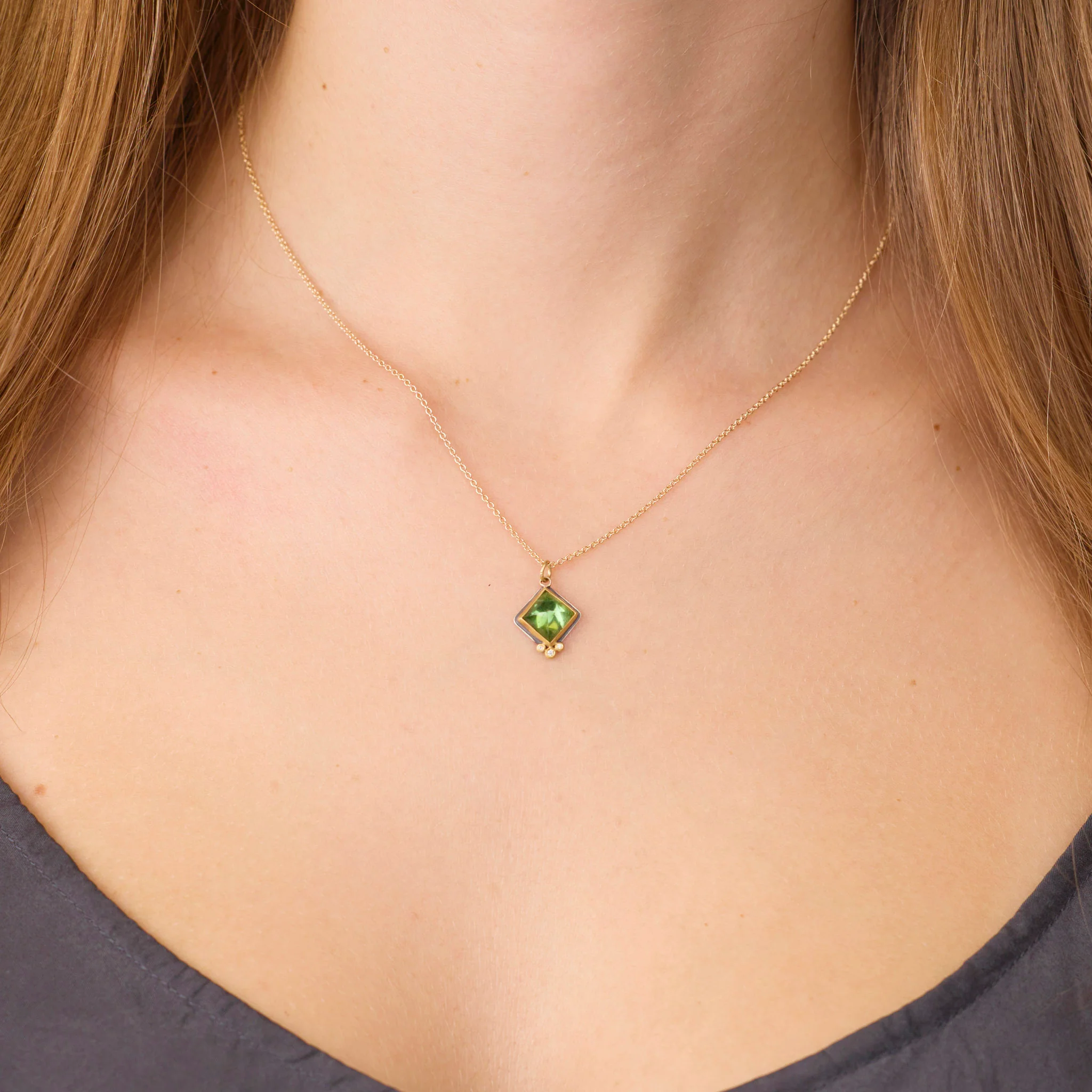 Green Tourmaline Necklace with Diamond Trio - Image 2