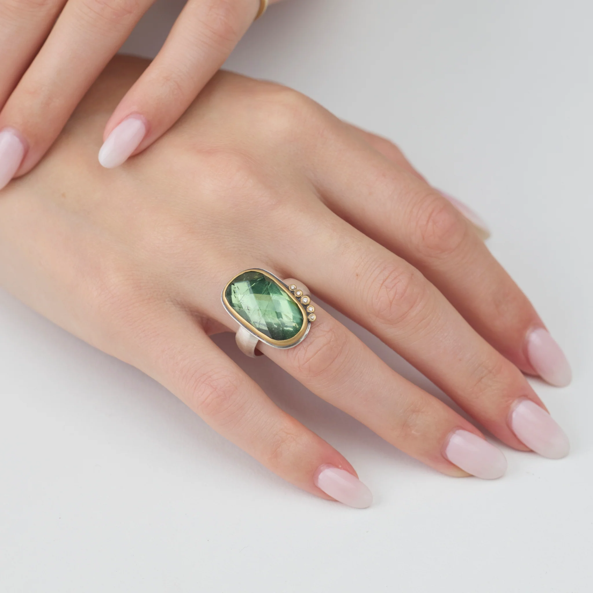 Green Tourmaline Ring with Diamond Arc - Image 2