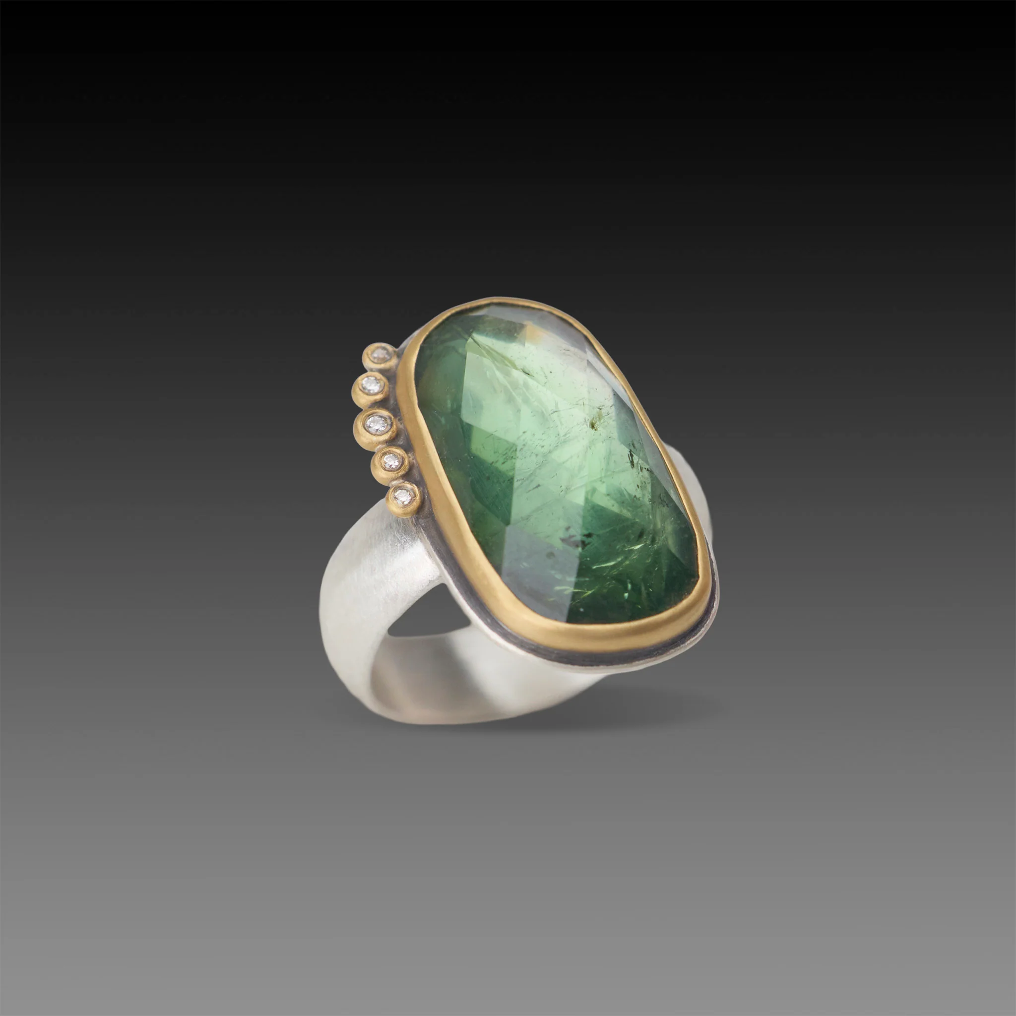 Green Tourmaline Ring with Diamond Arc - Image 3