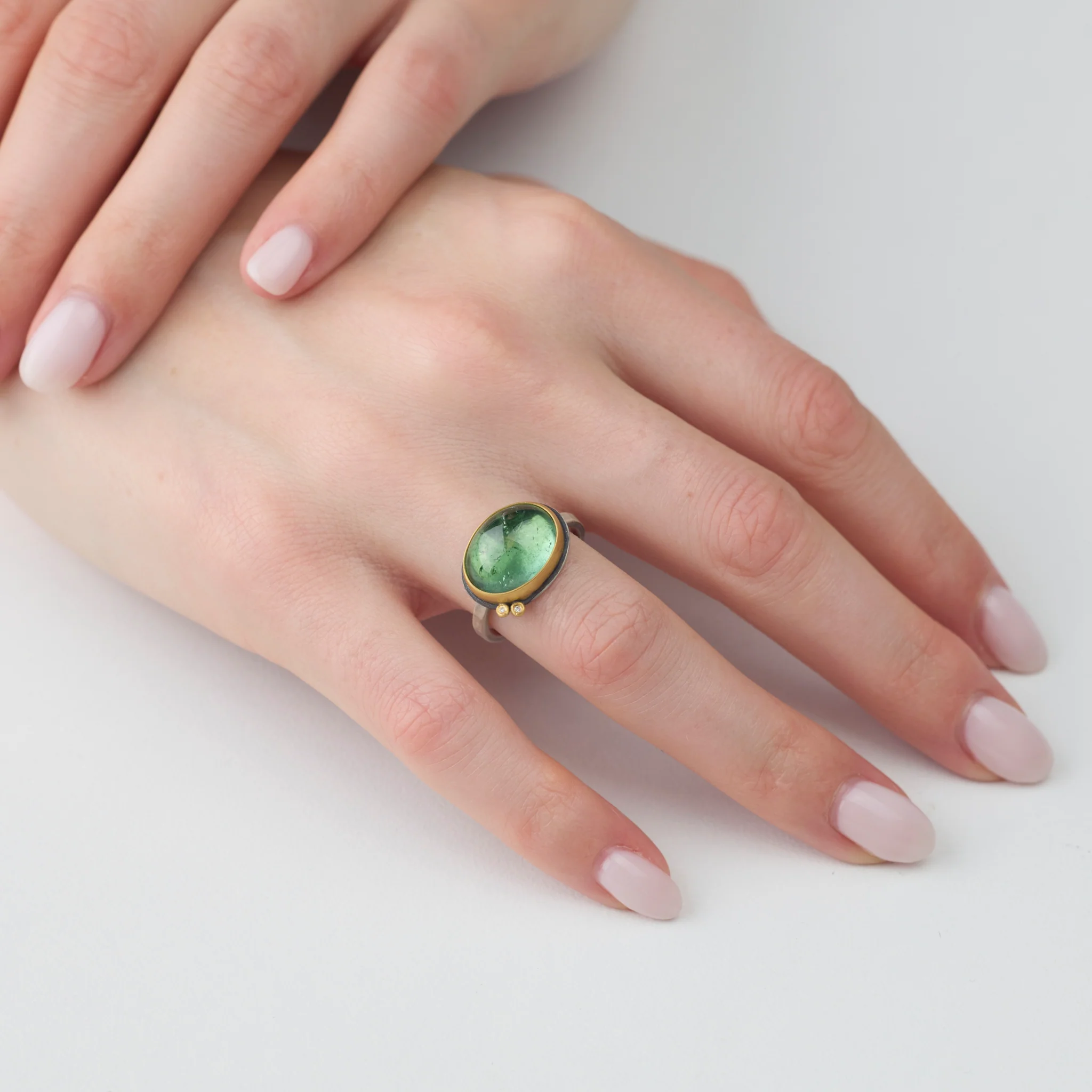 Green Tourmaline Ring with Diamond Dots - Image 2