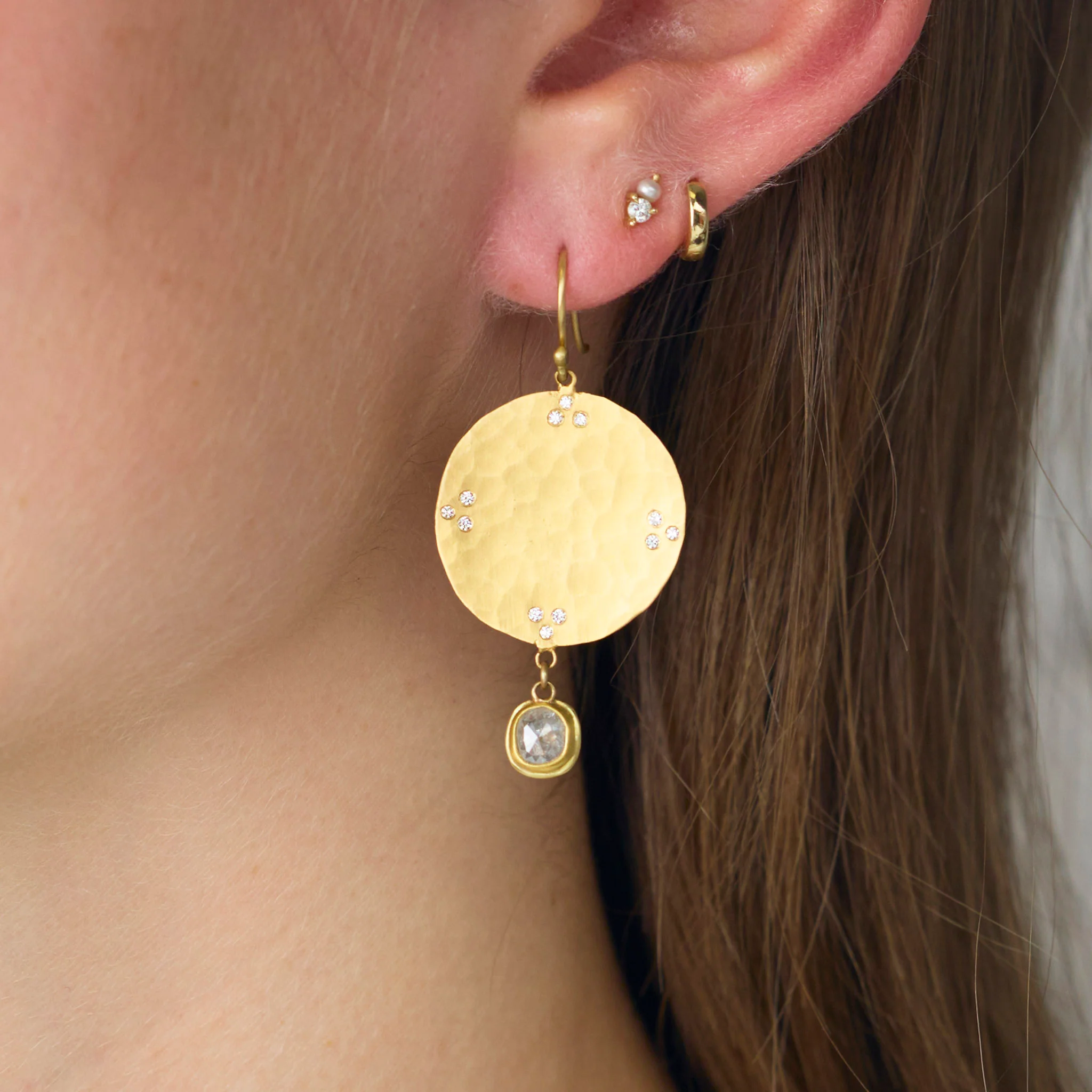 Hammered Disk Earrings with Gray Diamonds - Image 2