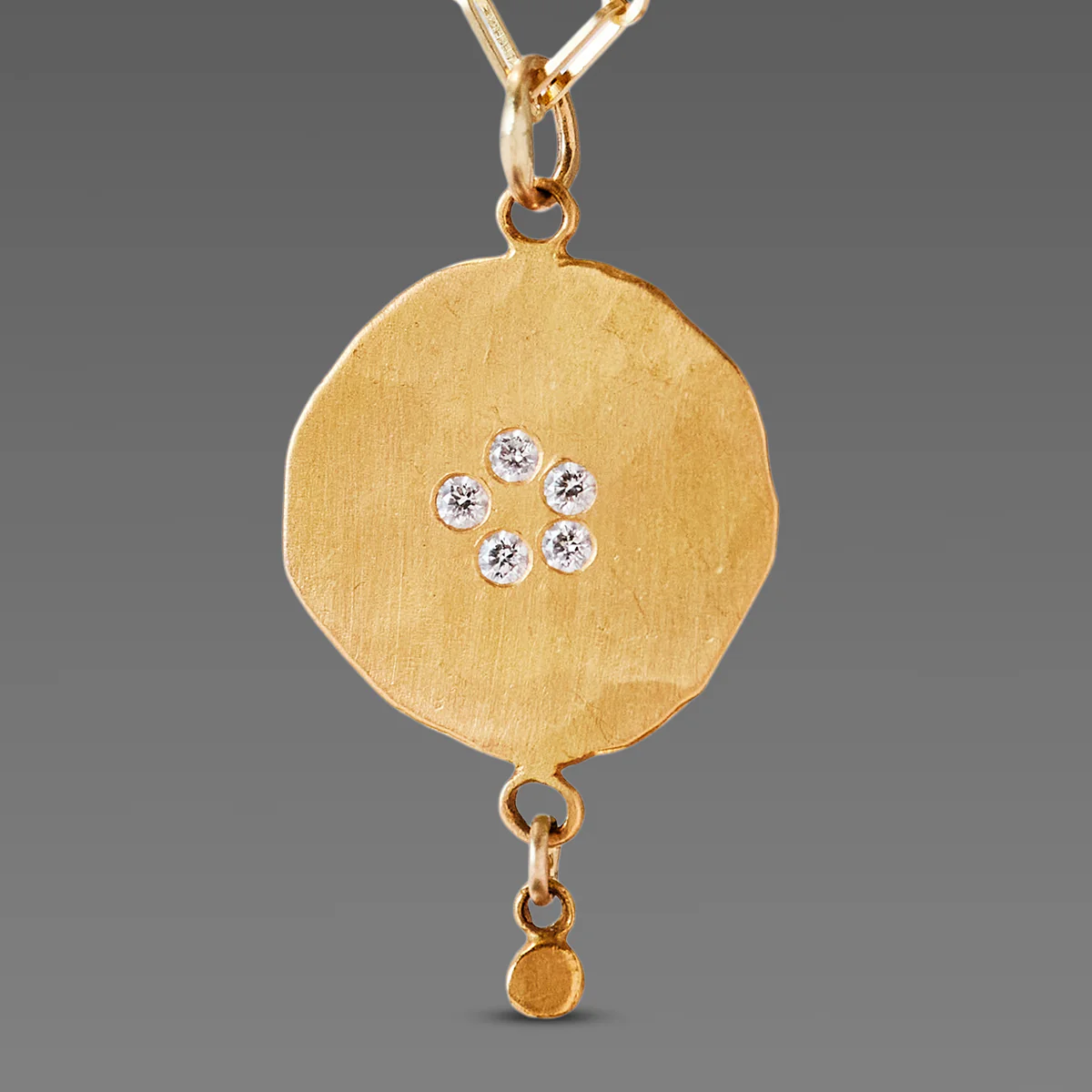 Hammered Gold Disk Necklace with Diamonds & Drop - Image 2