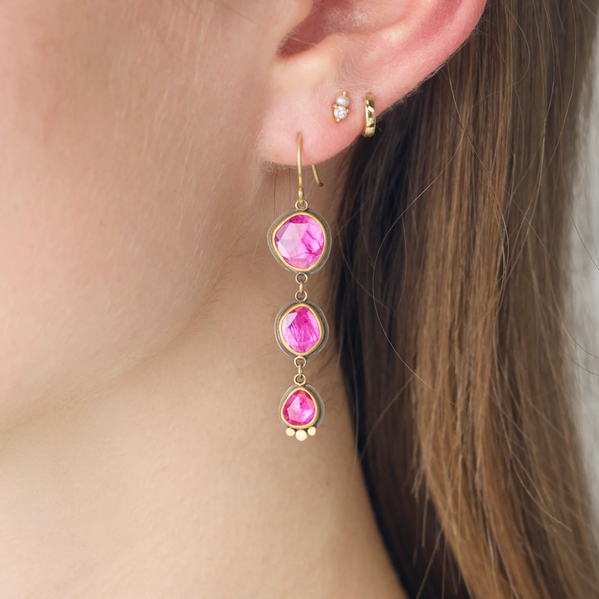 Hot Pink Triple Ruby Drop Earrings - Image 2