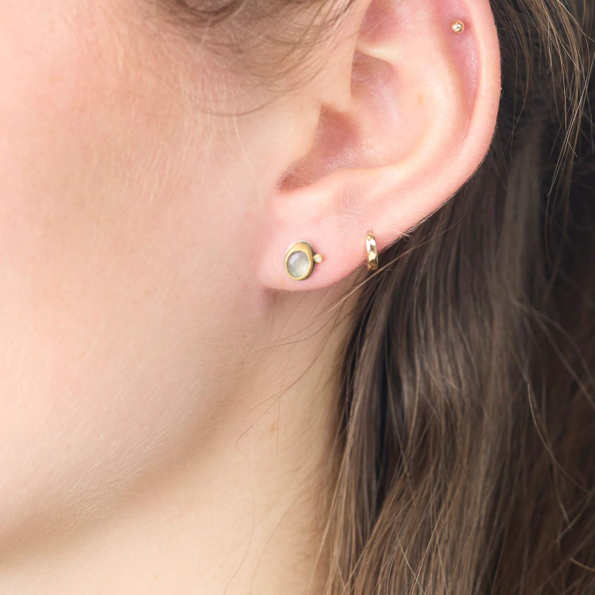 Labradorite Stud Earrings with Diamond Dot - Image 2