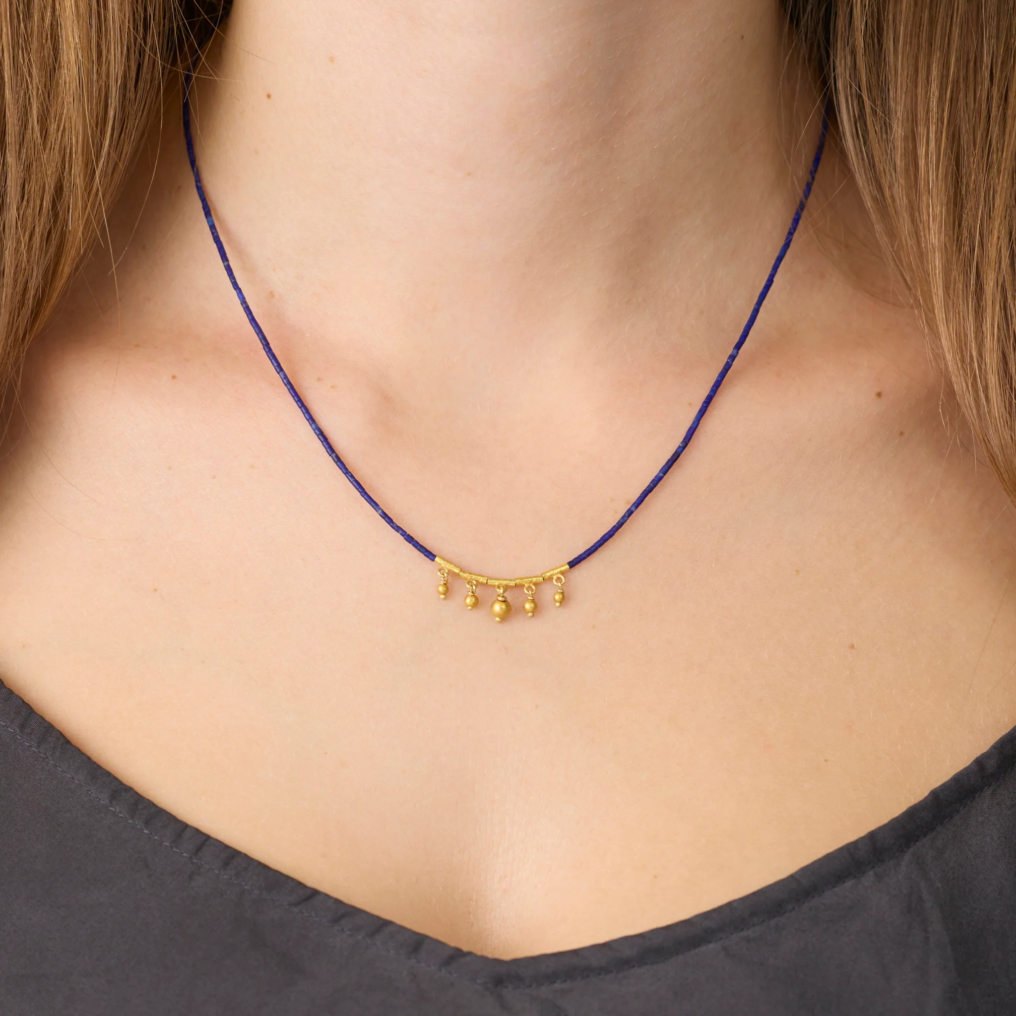 Lapis Necklace with Five Gold Drops - Image 2