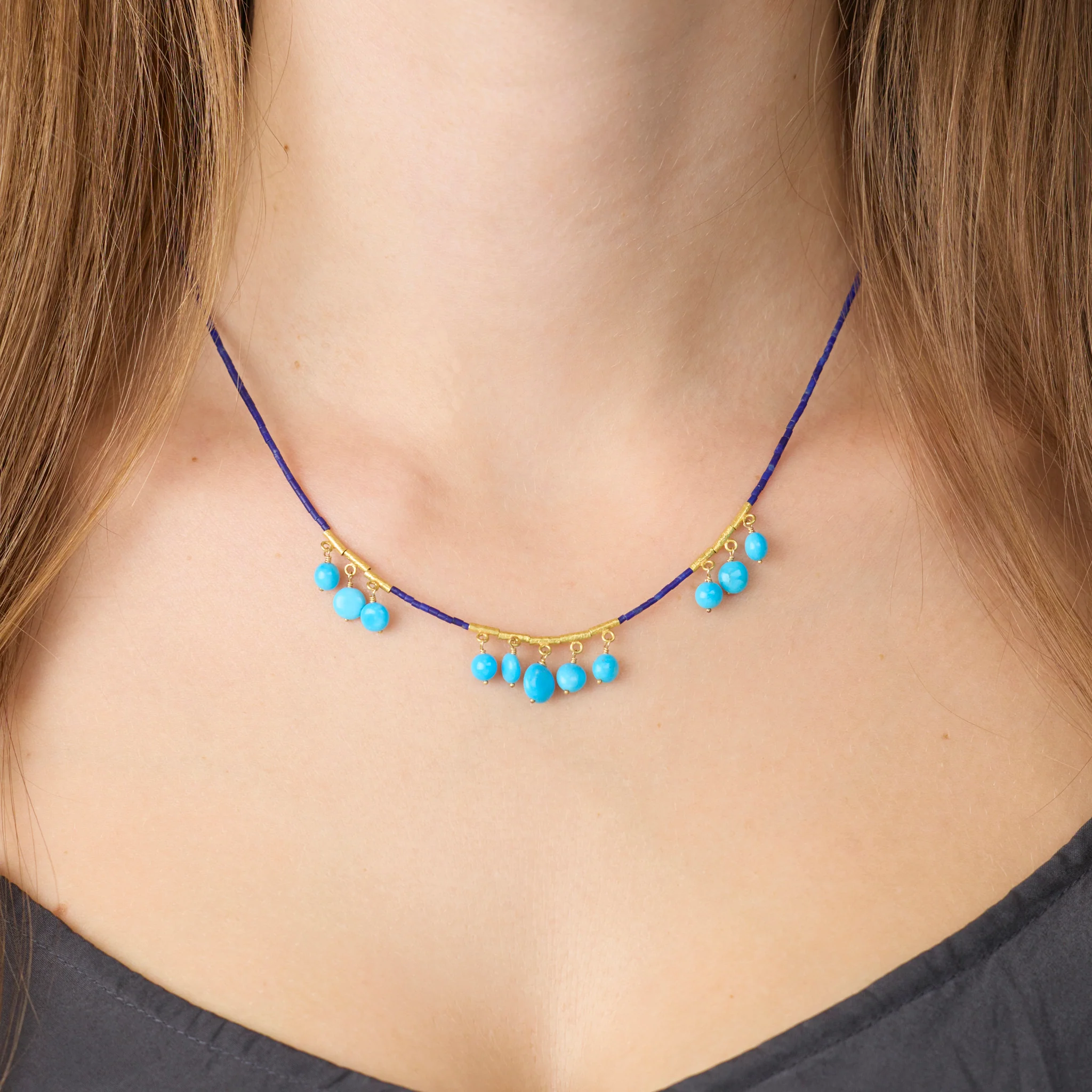 Lapis Necklace with Turquoise Fringe - Image 2