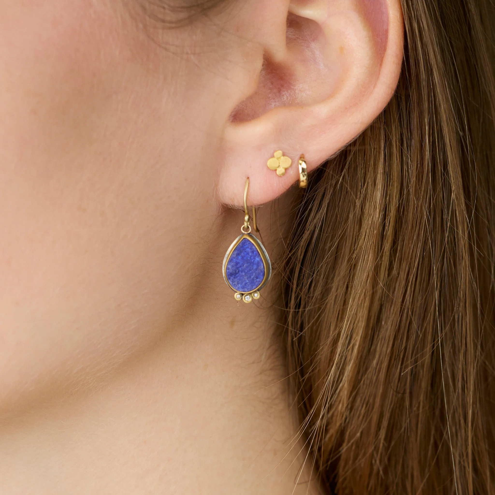Lapis Teardrop Earrings with Diamond Trios - Image 2