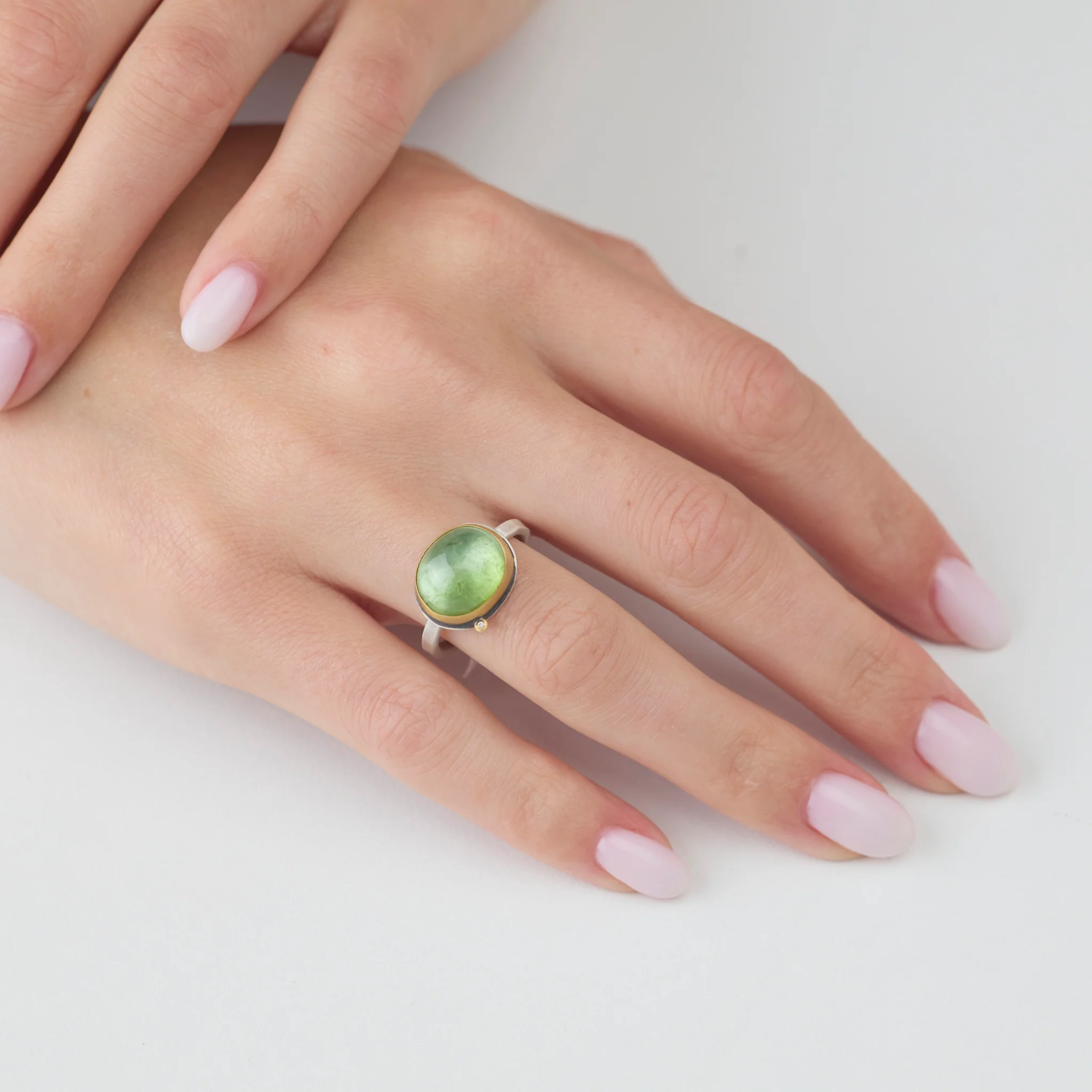 Lime Green Tourmaline Ring with Diamond - Image 2