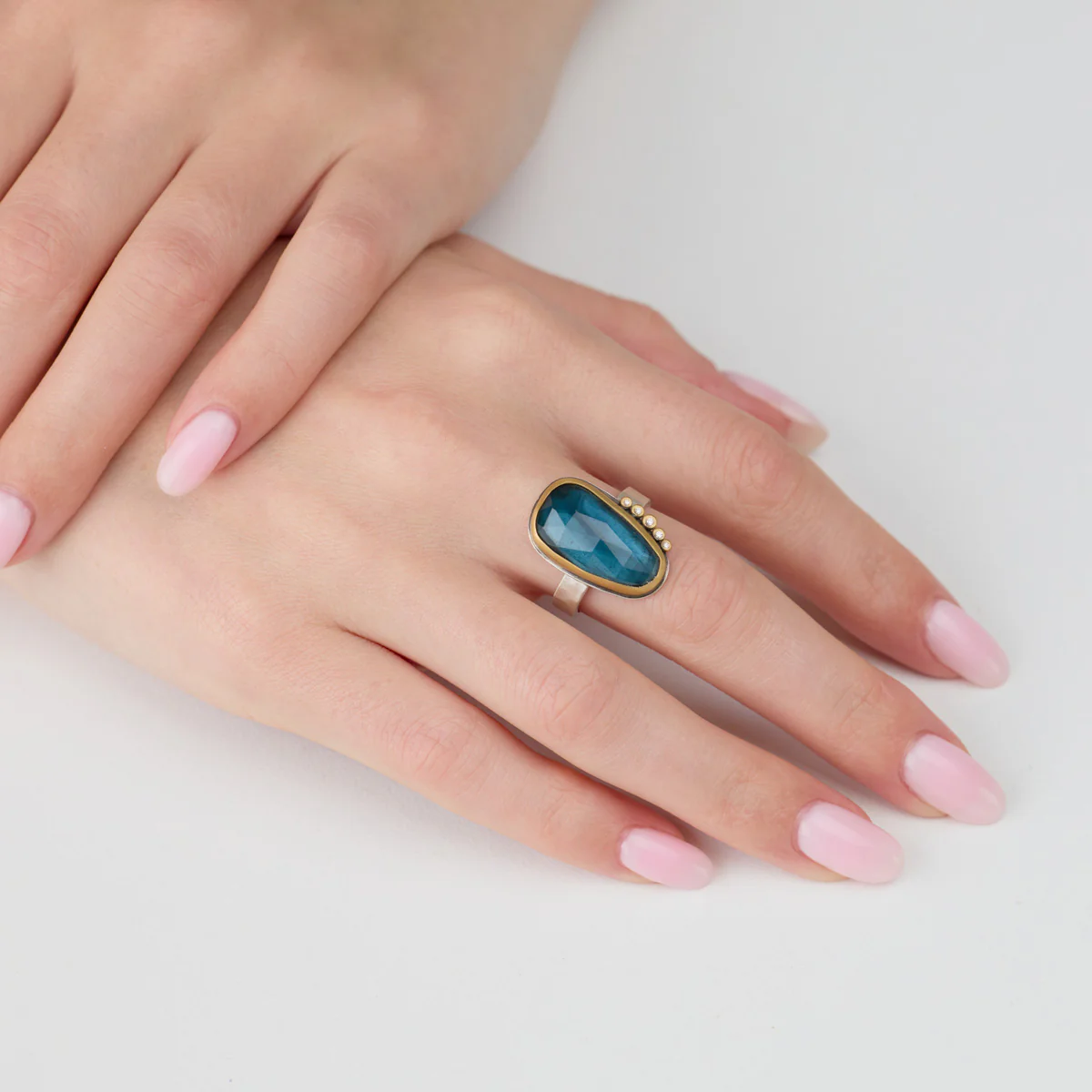 London Blue Topaz Ring with Diamond Arc - Image 2