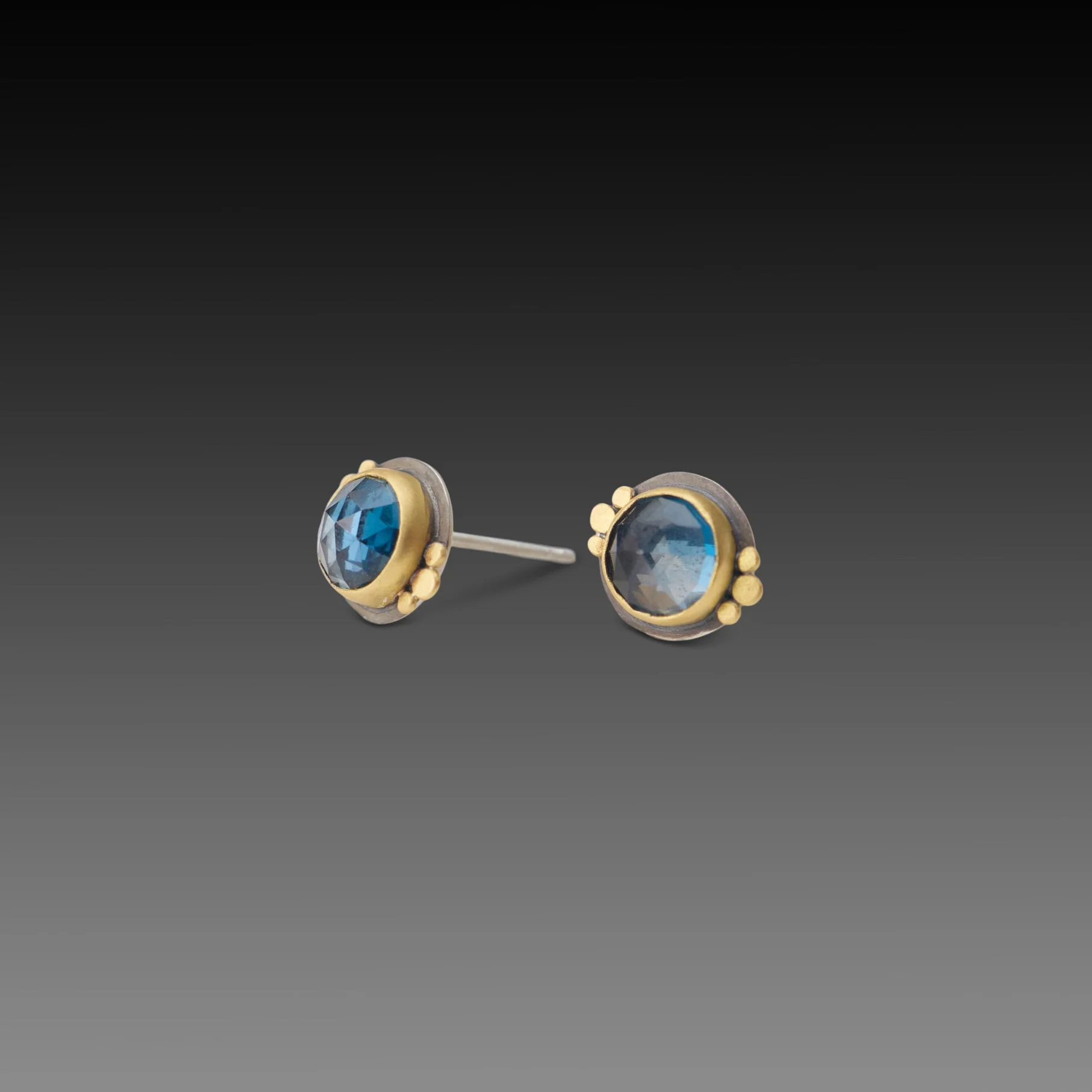 London Blue Topaz Stud Earrings with Gold Trios - Image 3
