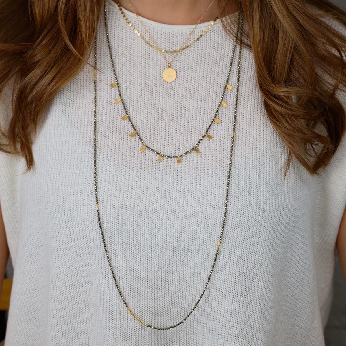 Long Pyrite Necklace with Gold Beads - Image 3